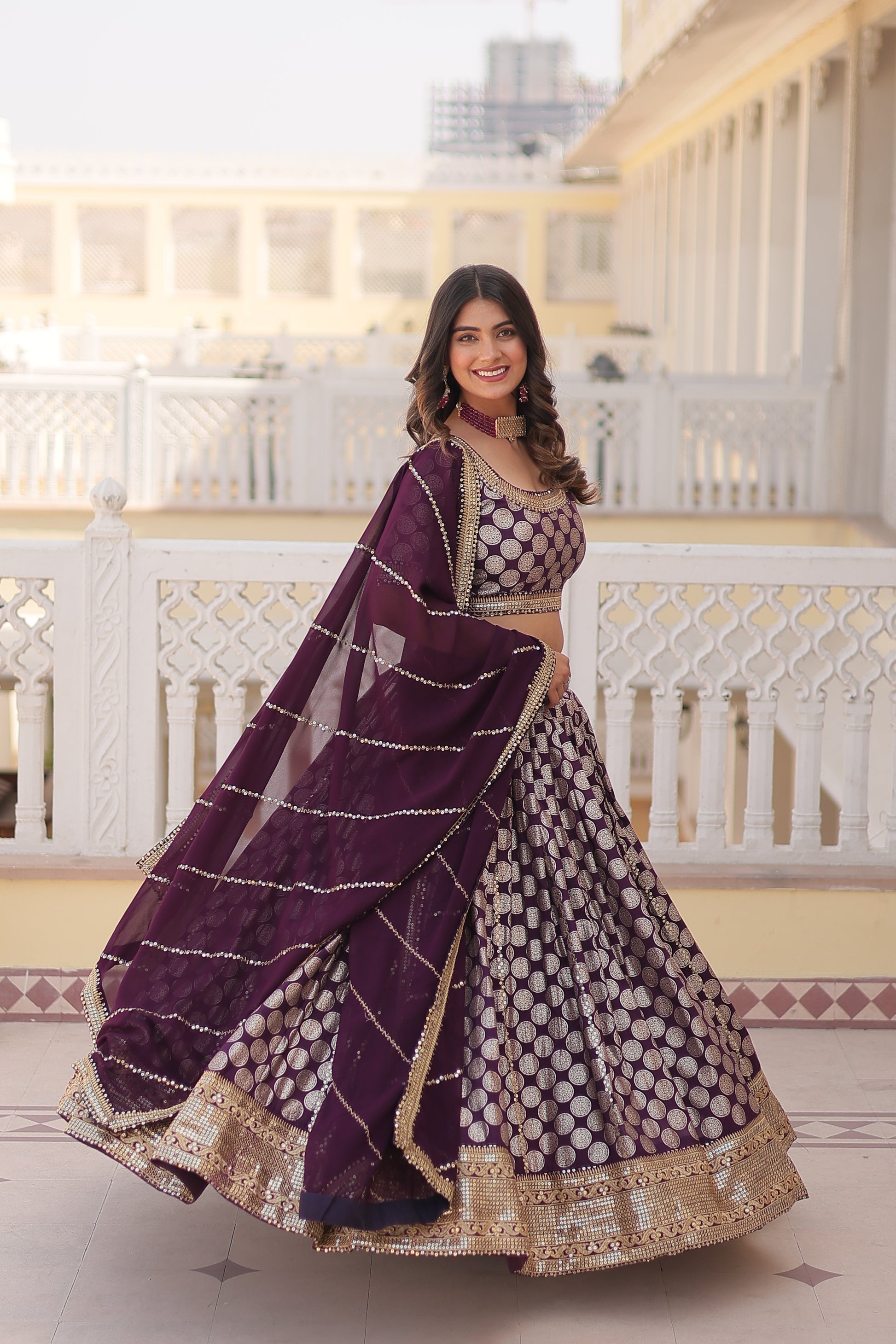Harinya wine viscose jacquard embroidered lehenga set