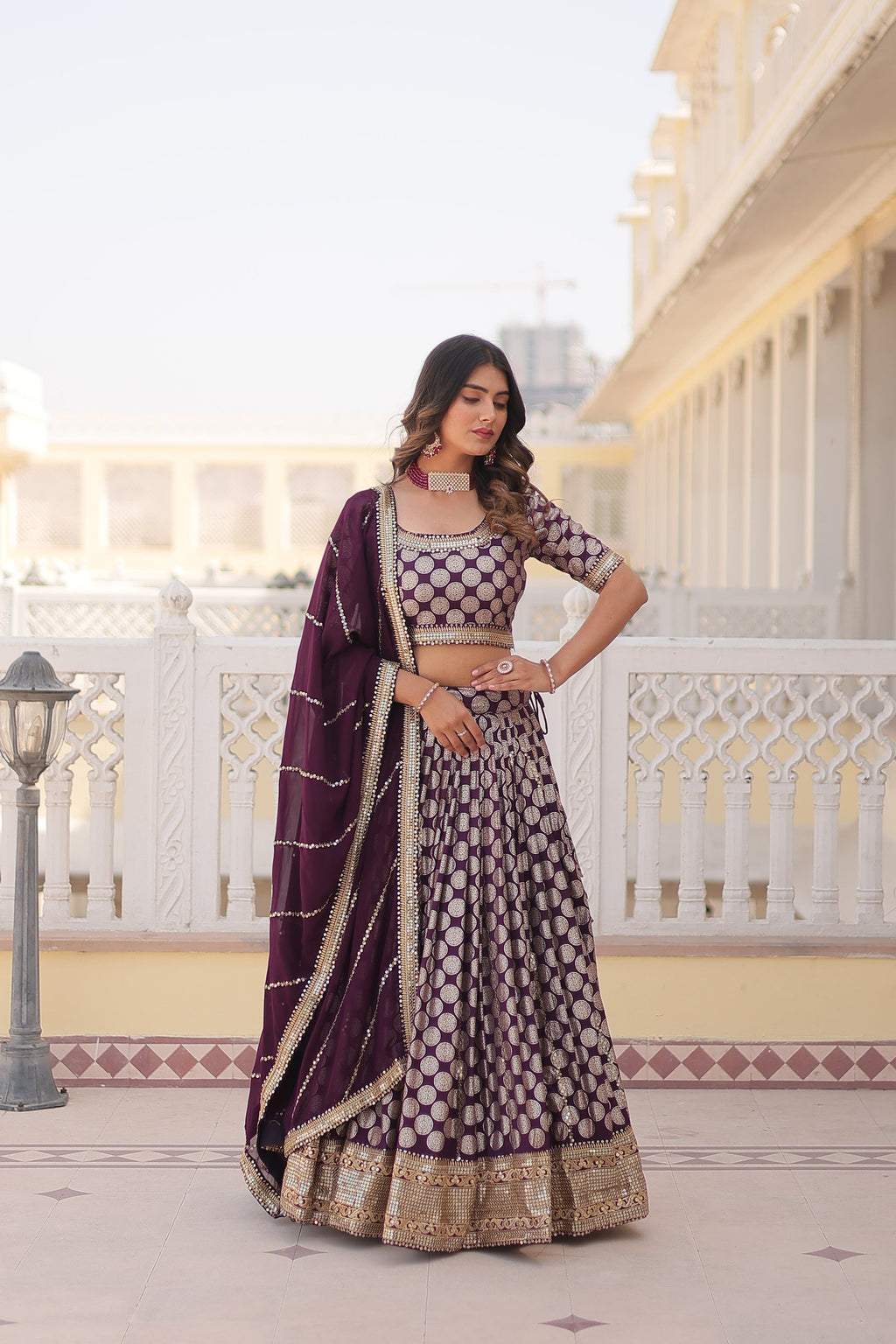 Harinya wine viscose jacquard embroidered lehenga set