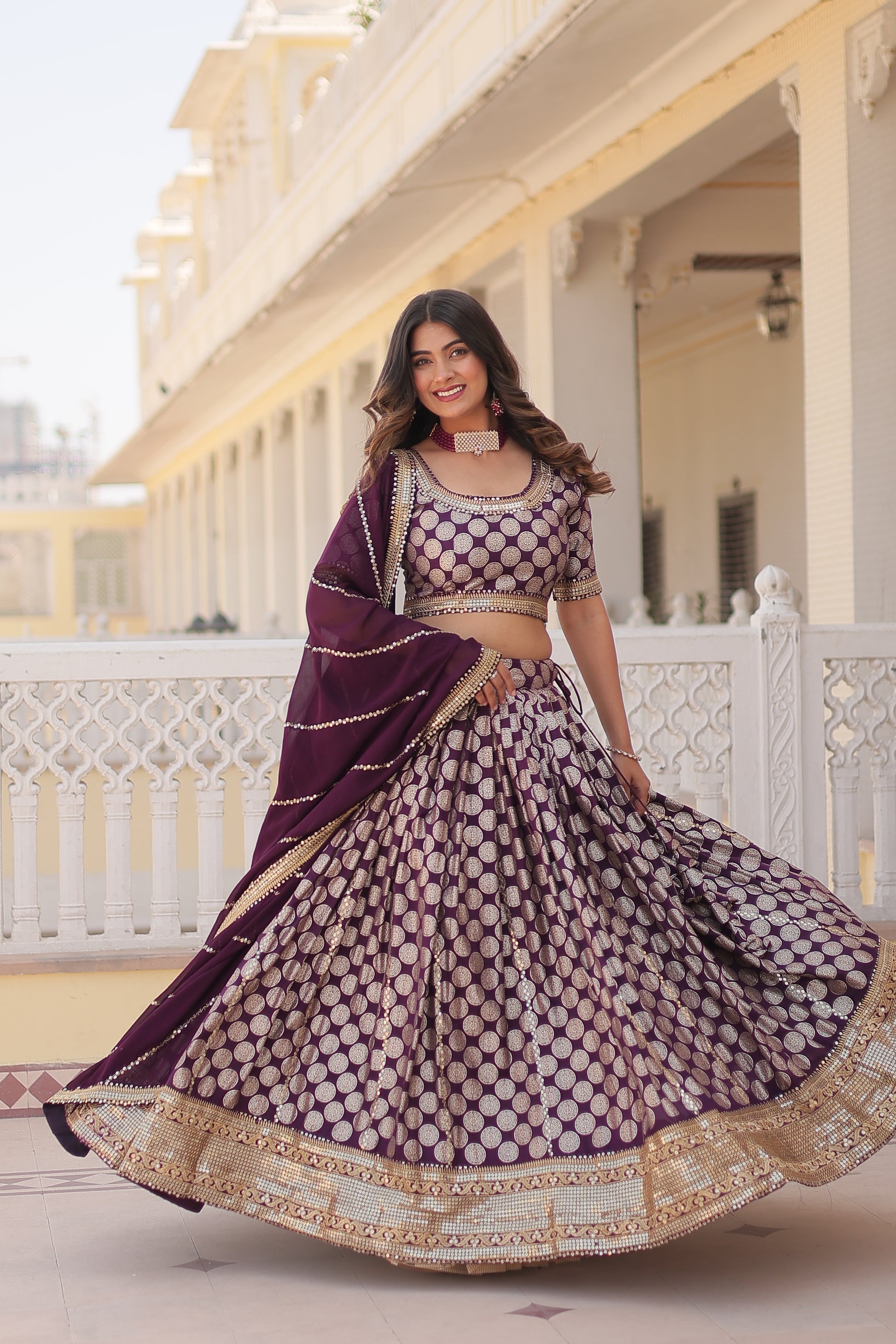 Harinya wine viscose jacquard embroidered lehenga set