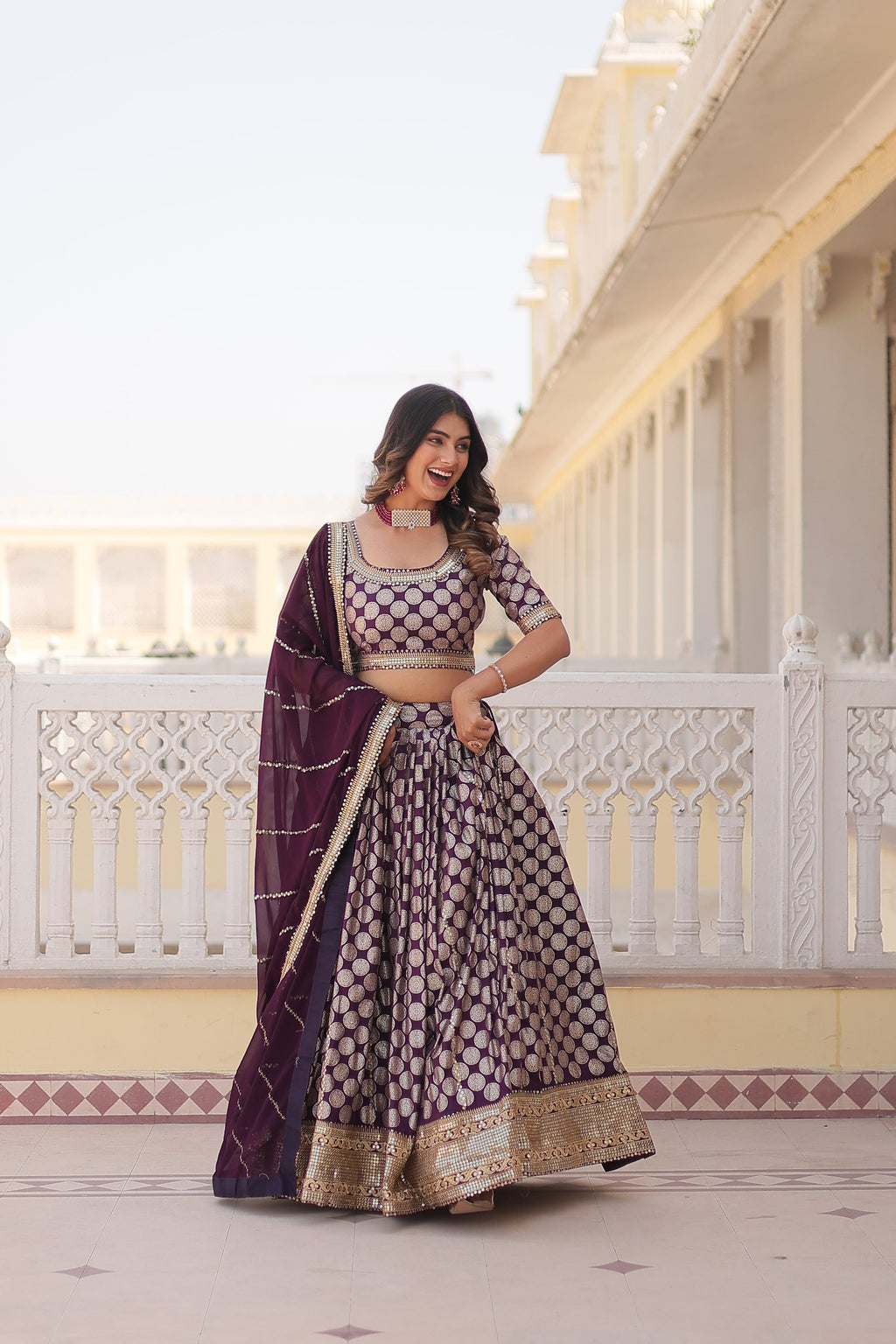 Harinya wine viscose jacquard embroidered lehenga set