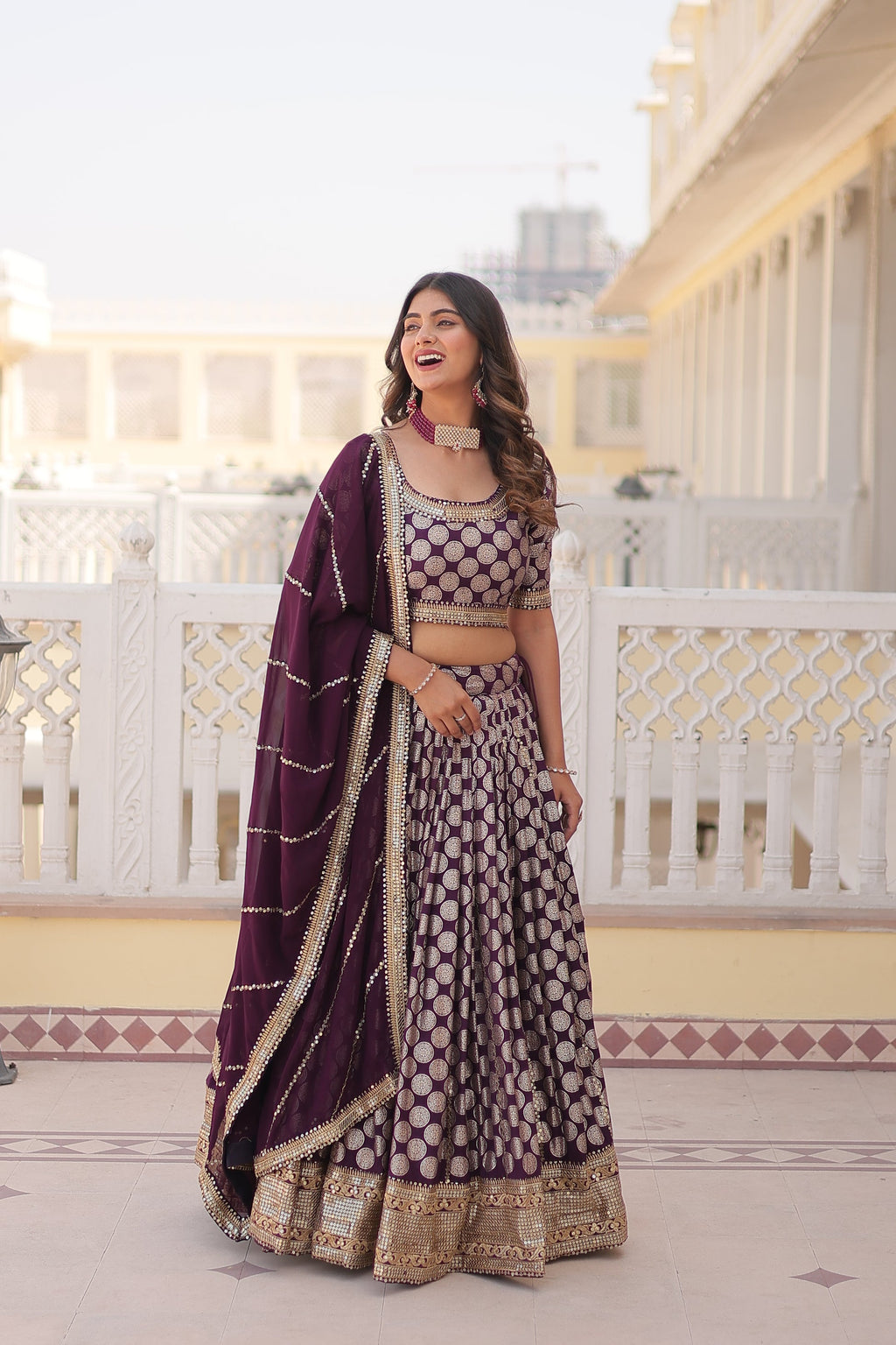 Harinya wine viscose jacquard embroidered lehenga set