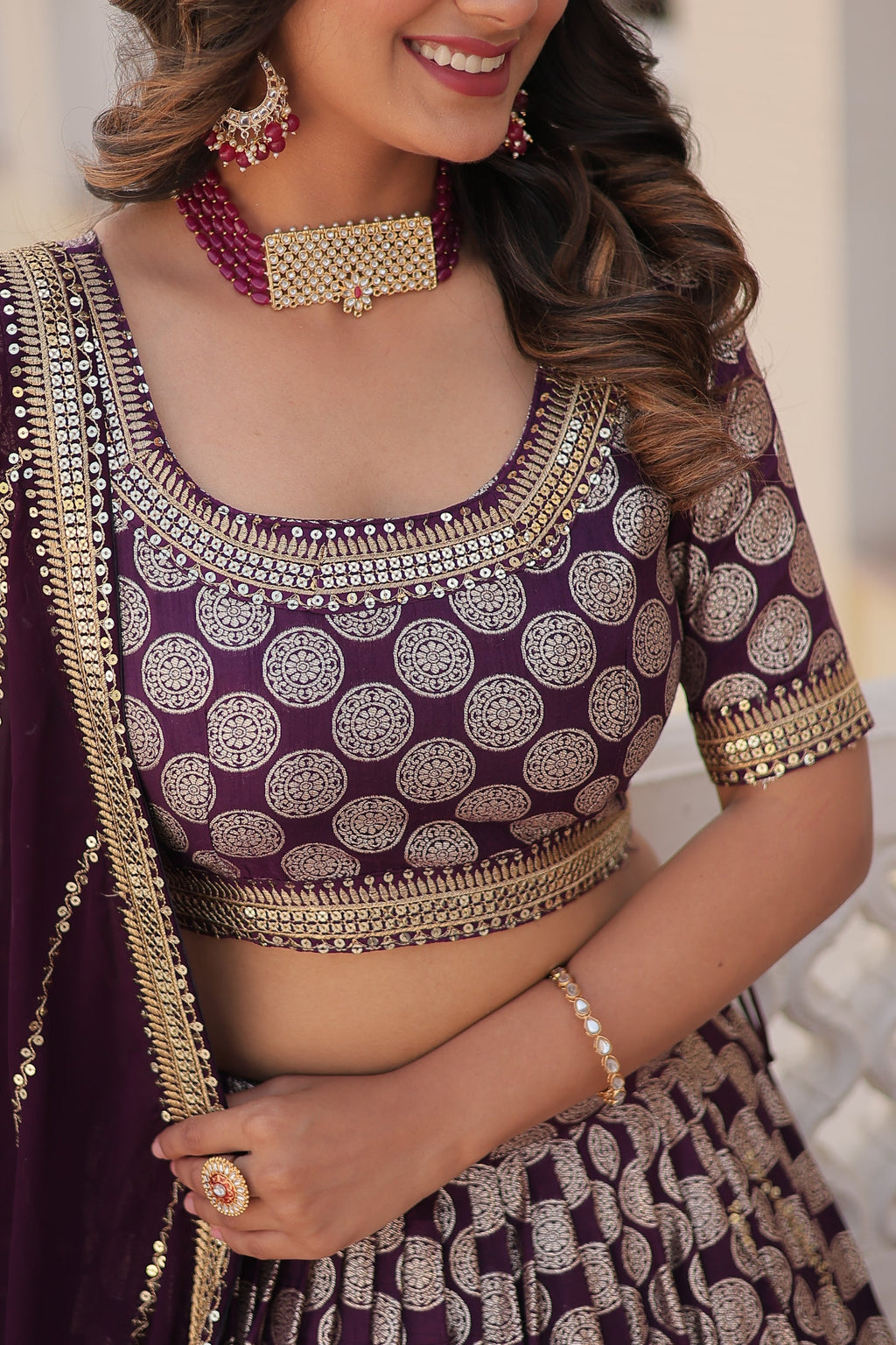Harinya wine viscose jacquard embroidered lehenga set