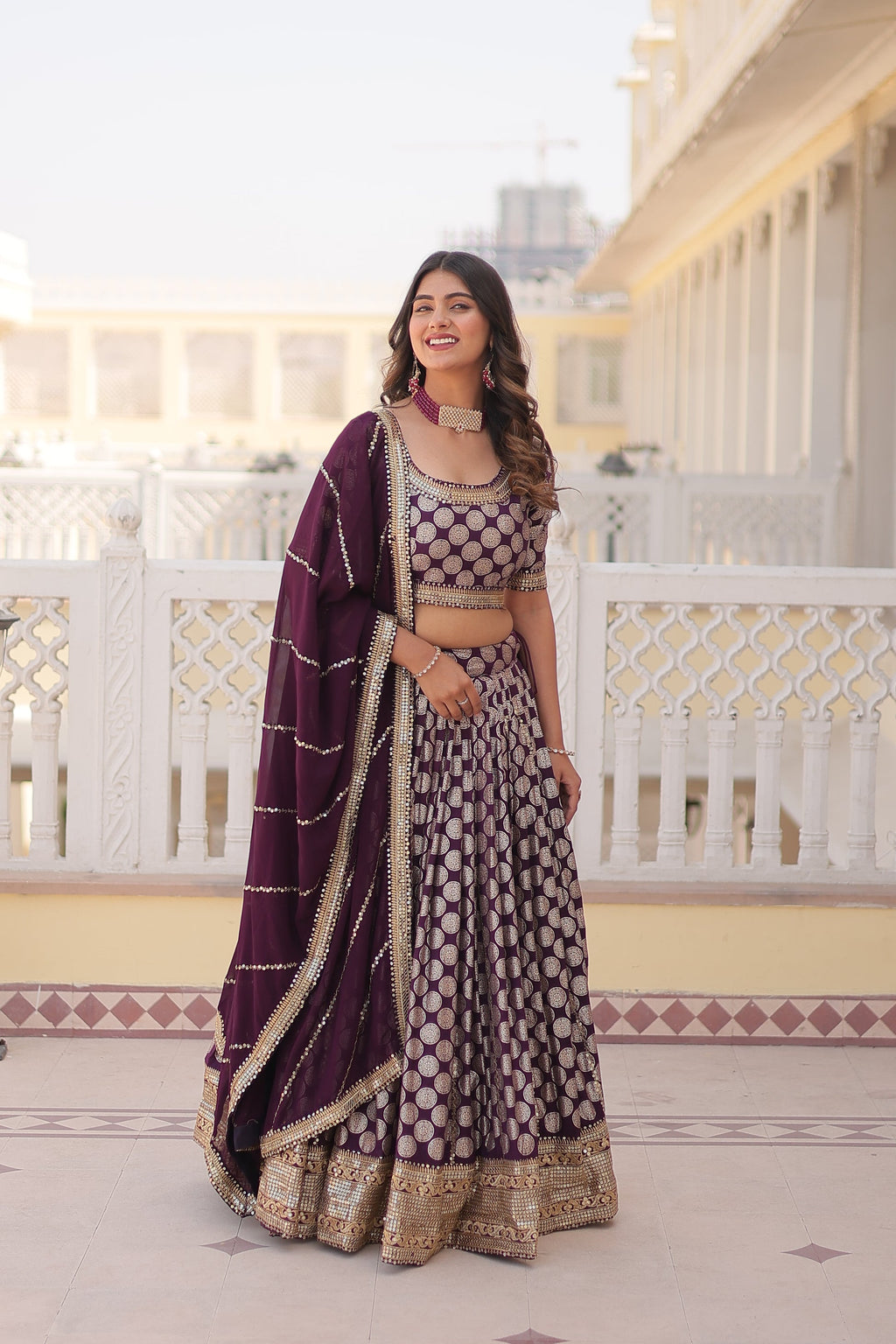 Harinya wine viscose jacquard embroidered lehenga set