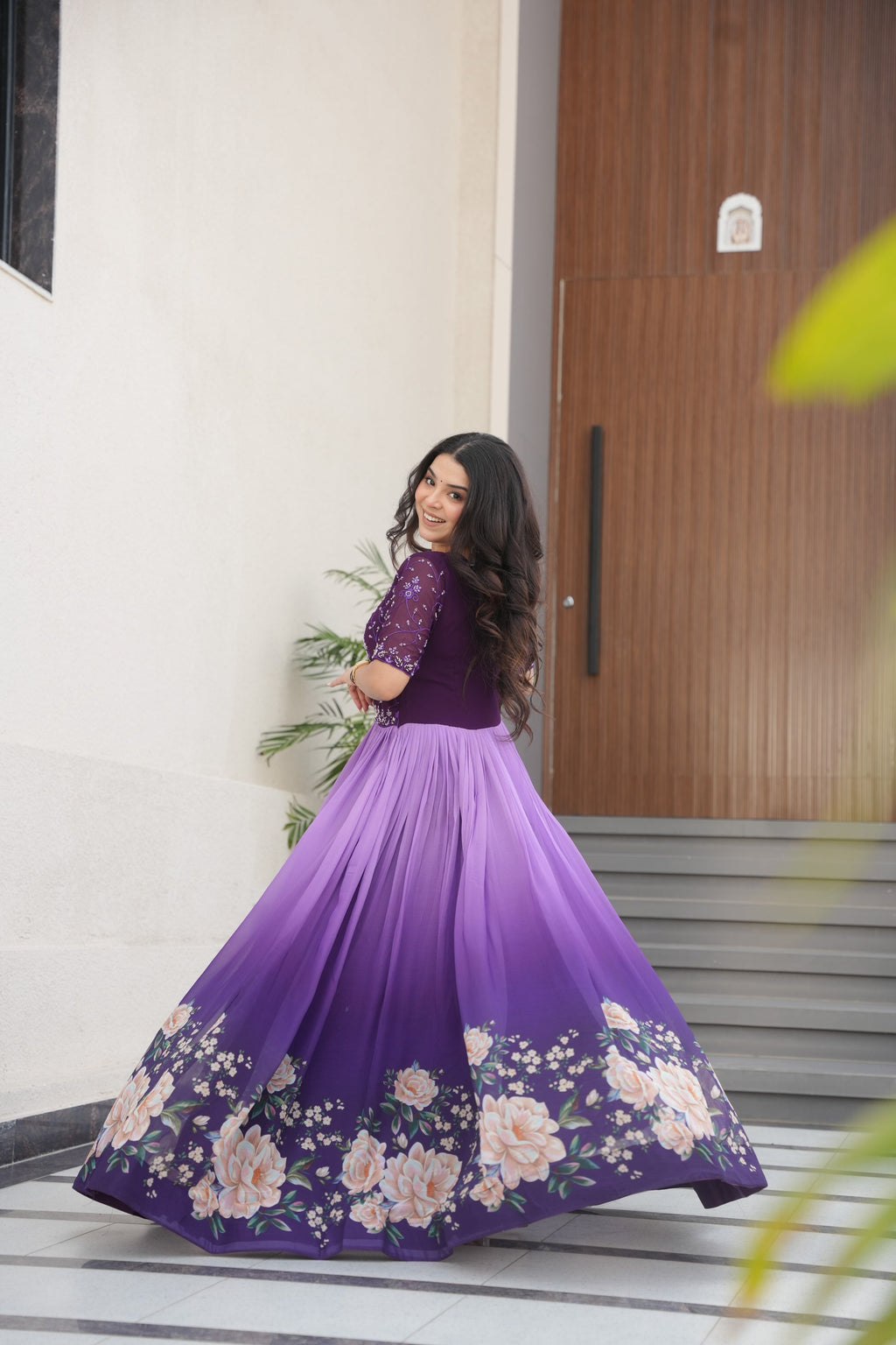 Hemrika Purple Faux Blooming Embroidered Gown