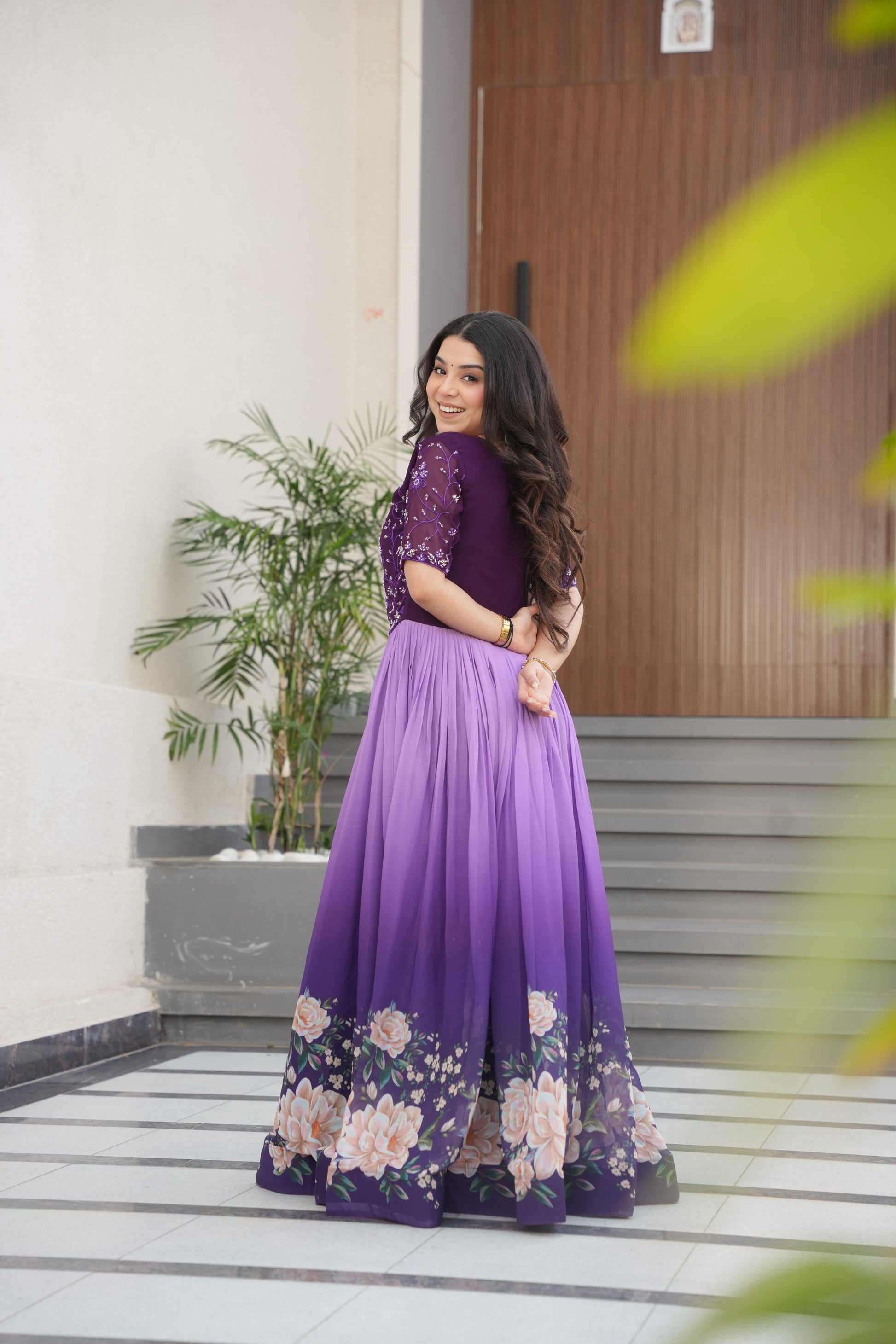 Hemrika Purple Faux Blooming Embroidered Gown