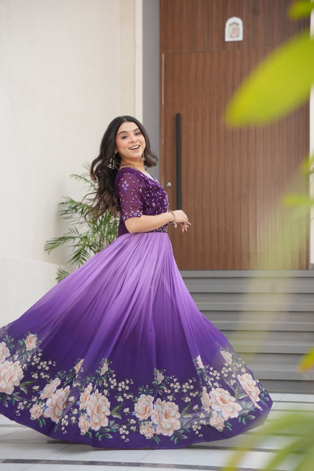 Hemrika Purple Faux Blooming Embroidered Gown