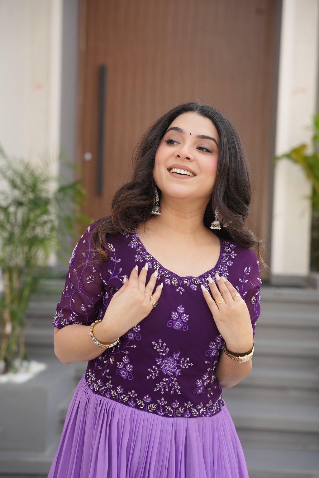 Hemrika Purple Faux Blooming Embroidered Gown