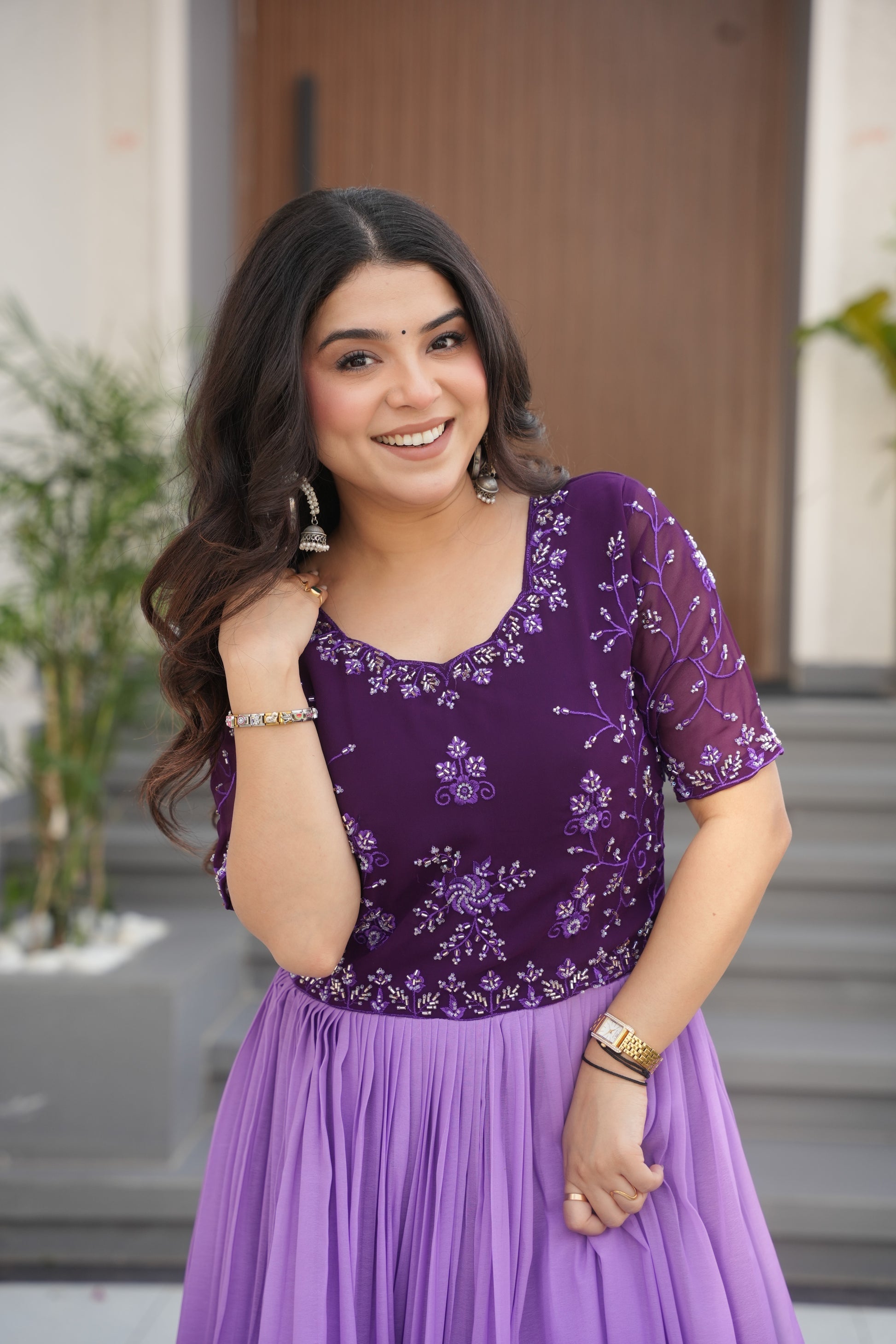 Hemrika Purple Faux Blooming Embroidered Gown