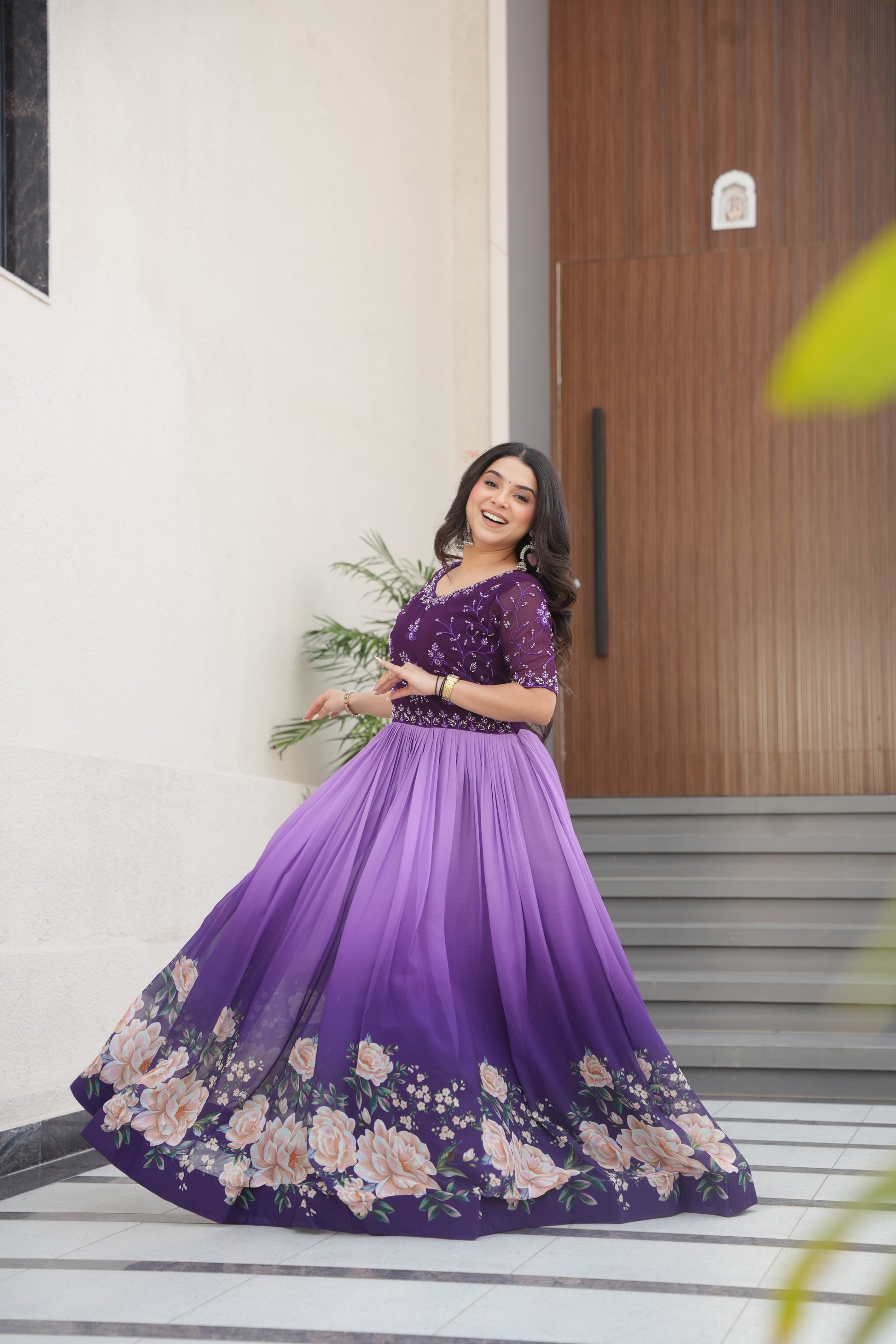 Hemrika Purple Faux Blooming Embroidered Gown