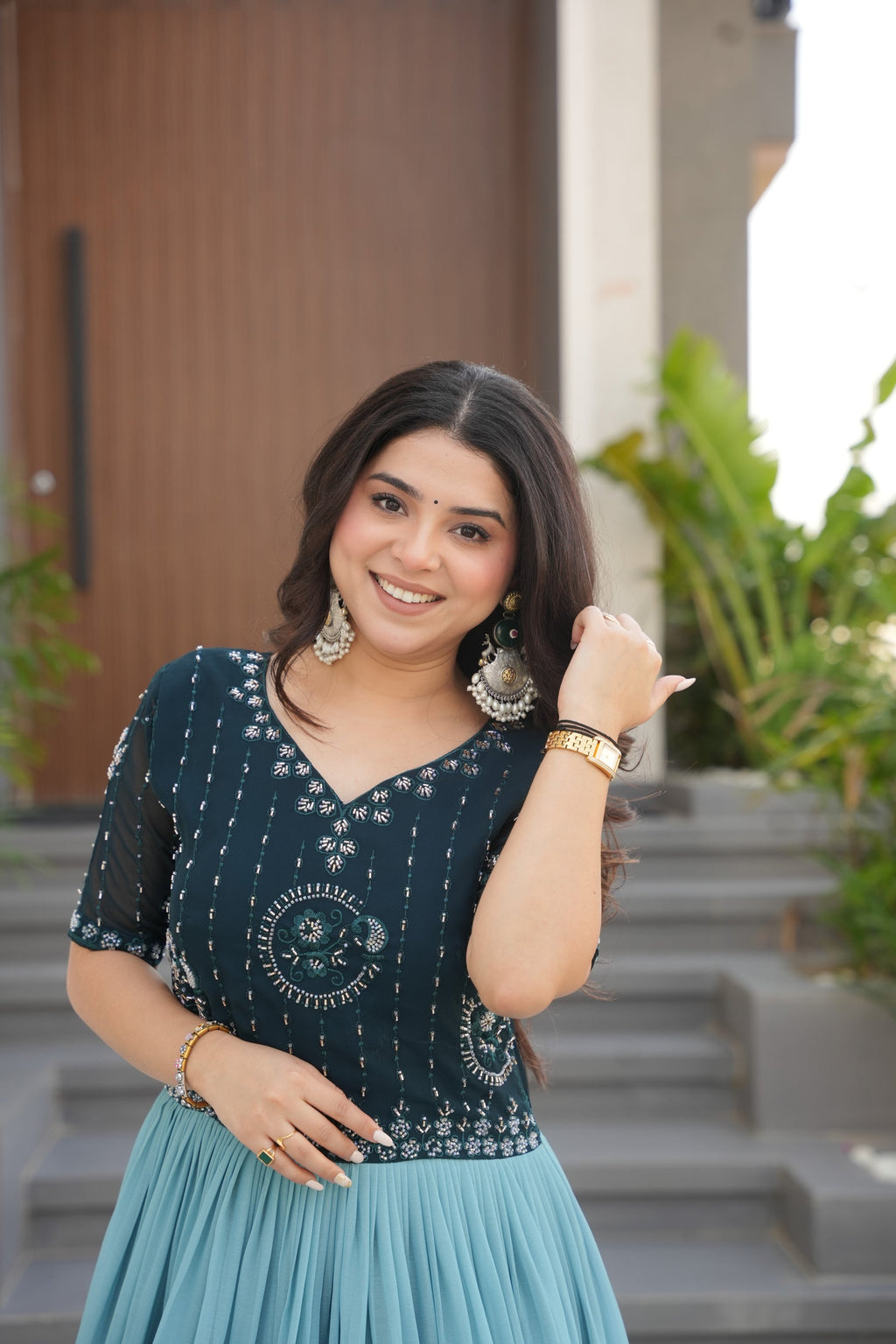 Hemrika Rama Color Embroidered Gown – designer rama green ethnic gown for women with floral digital print and beads embroidery, premium faux blooming floor-length gown, half sleeve Anarkali gown with round neckline, canvas patta stitching for extra flair, elegant Indian partywear and festive gown, fully lined with cotton for comfort, Trinaari ready to wear ethnic gown.