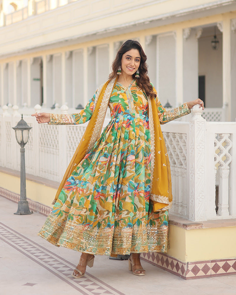 Hues of Elegance: Handcrafted Floral Alia Cut Gown with Dupatta