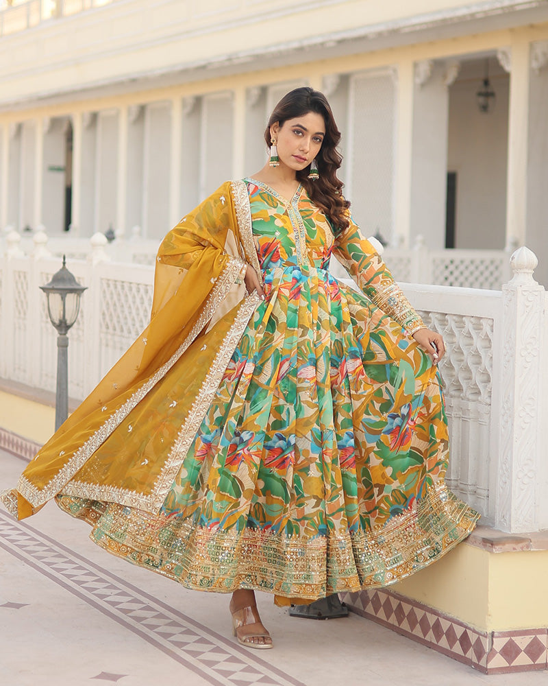 Hues of Elegance: Handcrafted Floral Alia Cut Gown with Dupatta