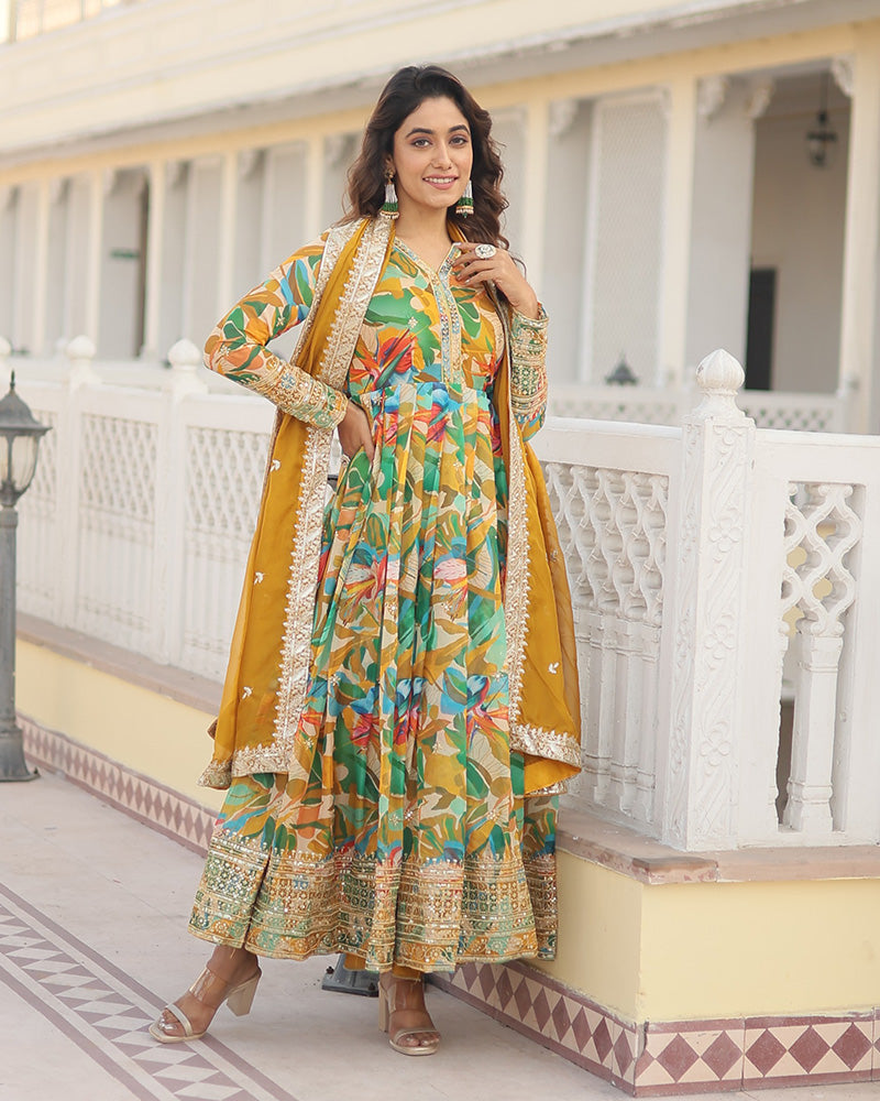 Hues of Elegance: Handcrafted Floral Alia Cut Gown with Dupatta