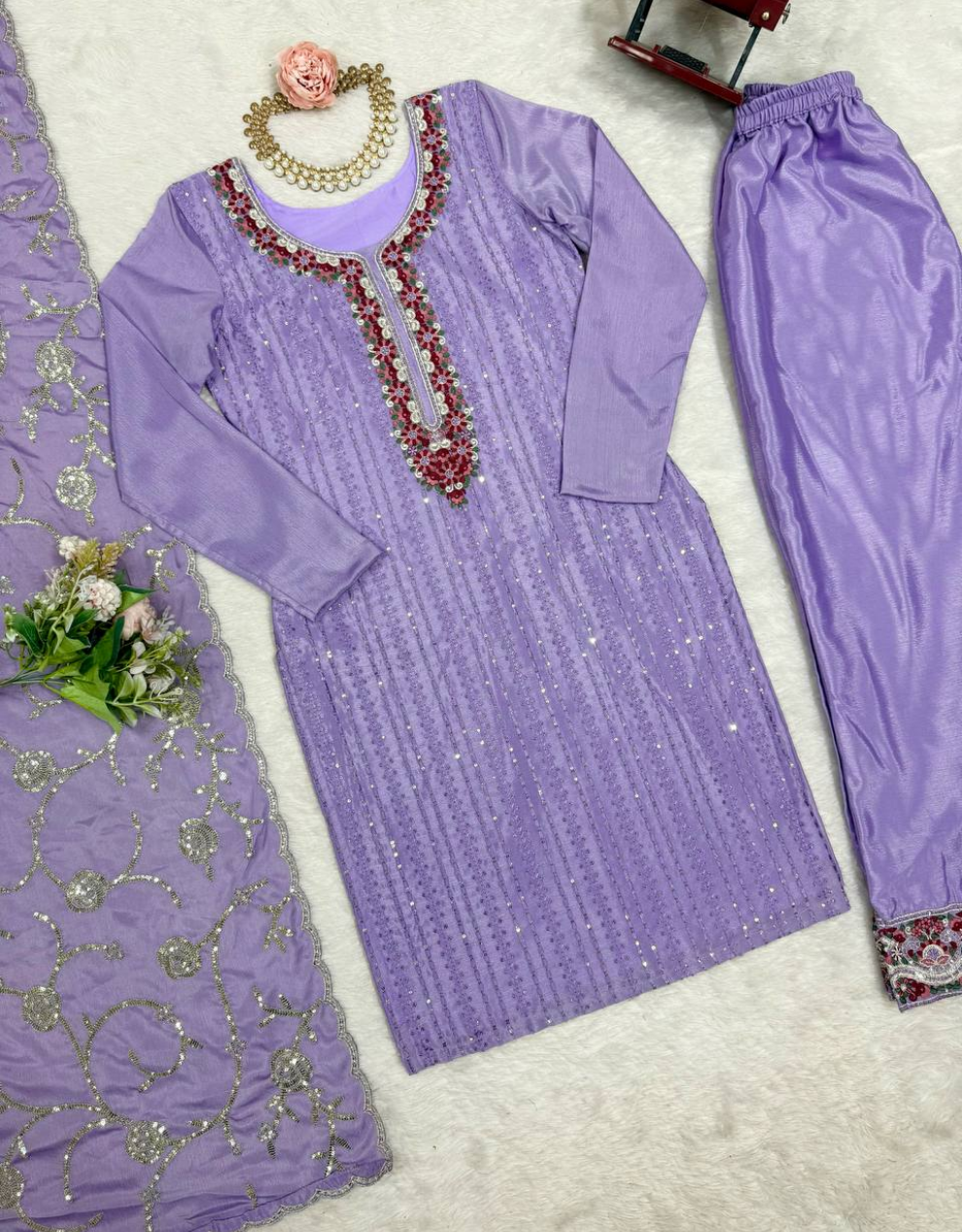 Purple Chinon silk kurti set with sequin thread work, a fully stitched kurti set online with 3XL margin—perfect festive wear for women by Trinaari.