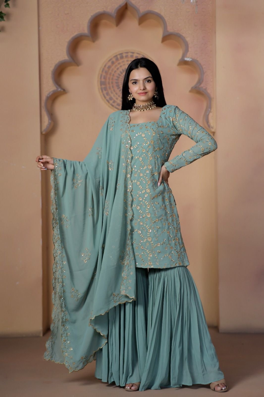 Eshwari Georgette Kurti Sharara Suit Set