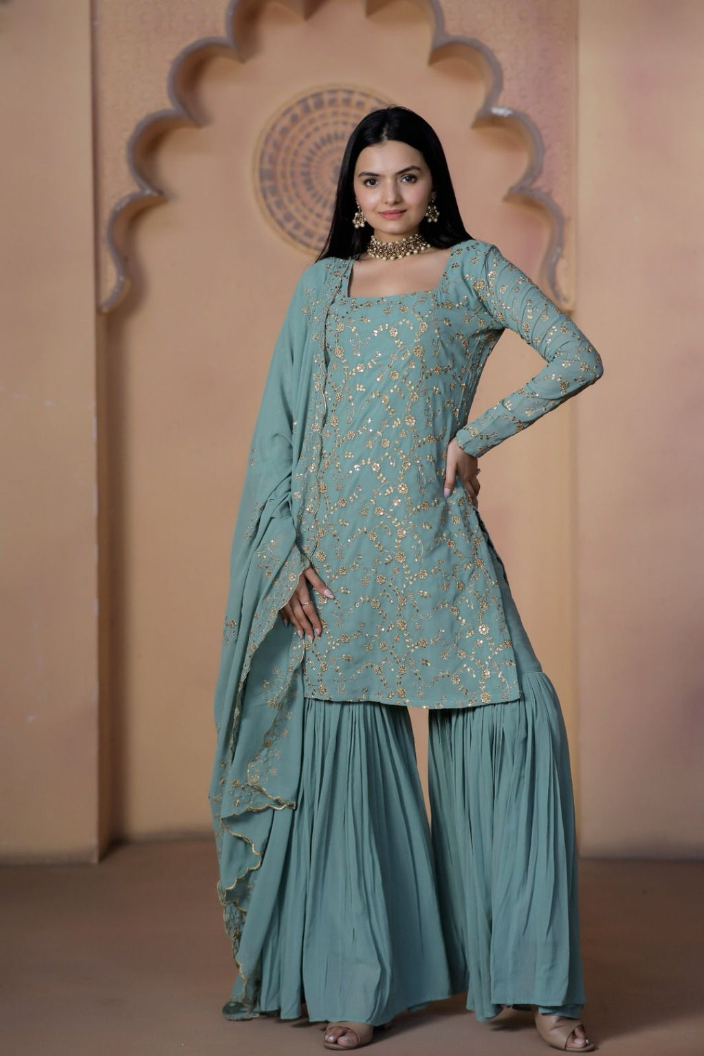 Eshwari Georgette Kurti Sharara Suit Set
