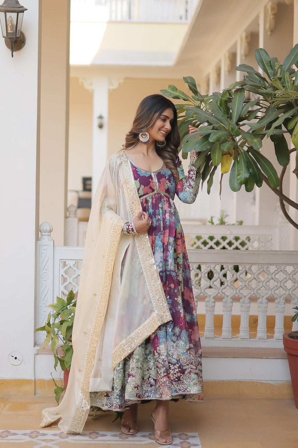 Matrika Purple Georgette Embroidered Anarkali Gown Set