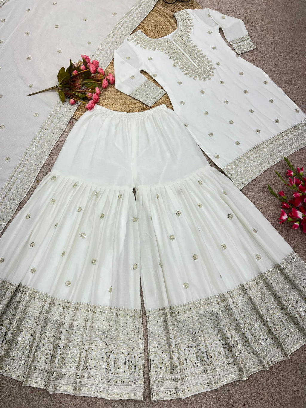 Shubha White Embroidered Chinon Silk Kurti Sharara Set