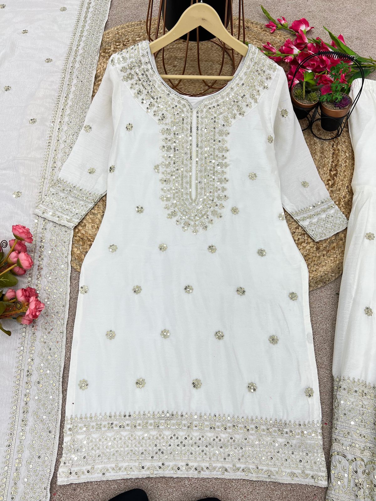 Shubha White Embroidered Chinon Silk Kurti Sharara Set