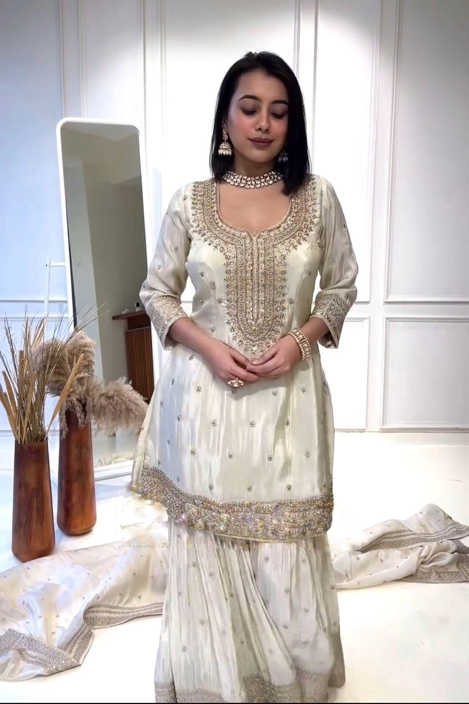 Shubha White Embroidered Chinon Silk Kurti Sharara Set