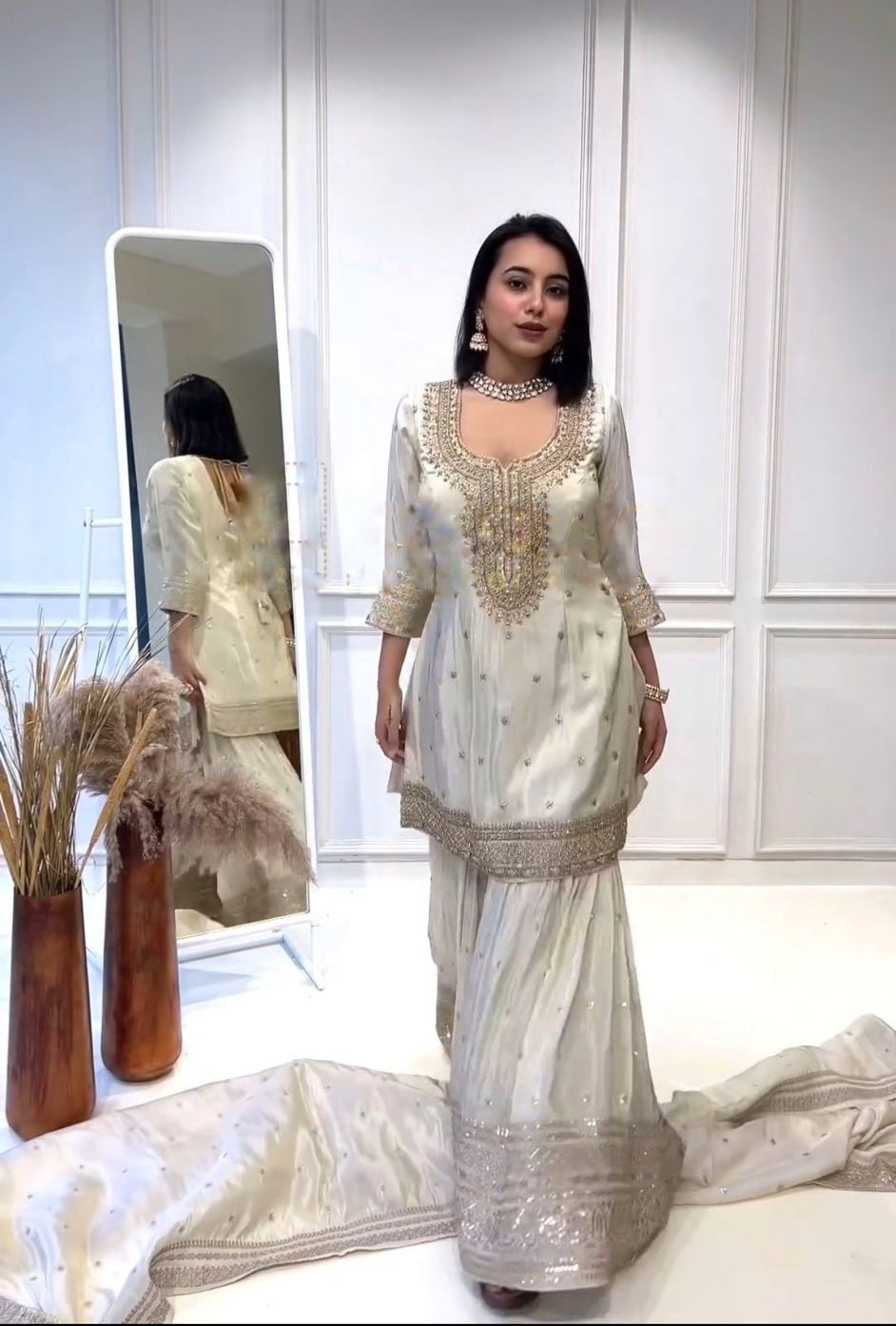 Shubha White Embroidered Chinon Silk Kurti Sharara Set