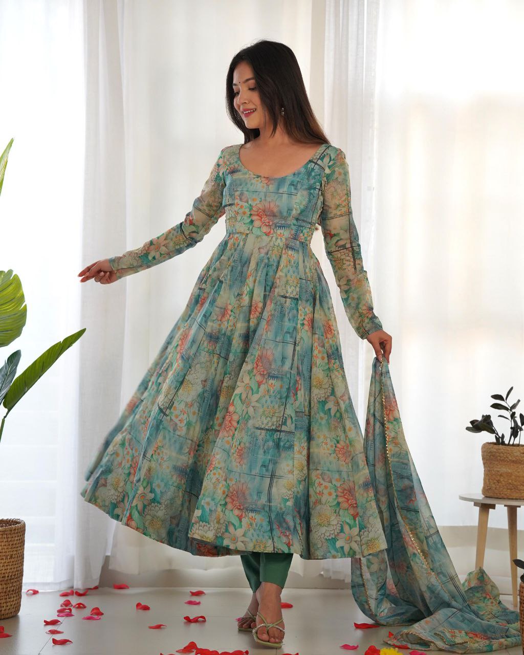 Vishnupriya green soft organza silk printed suit set