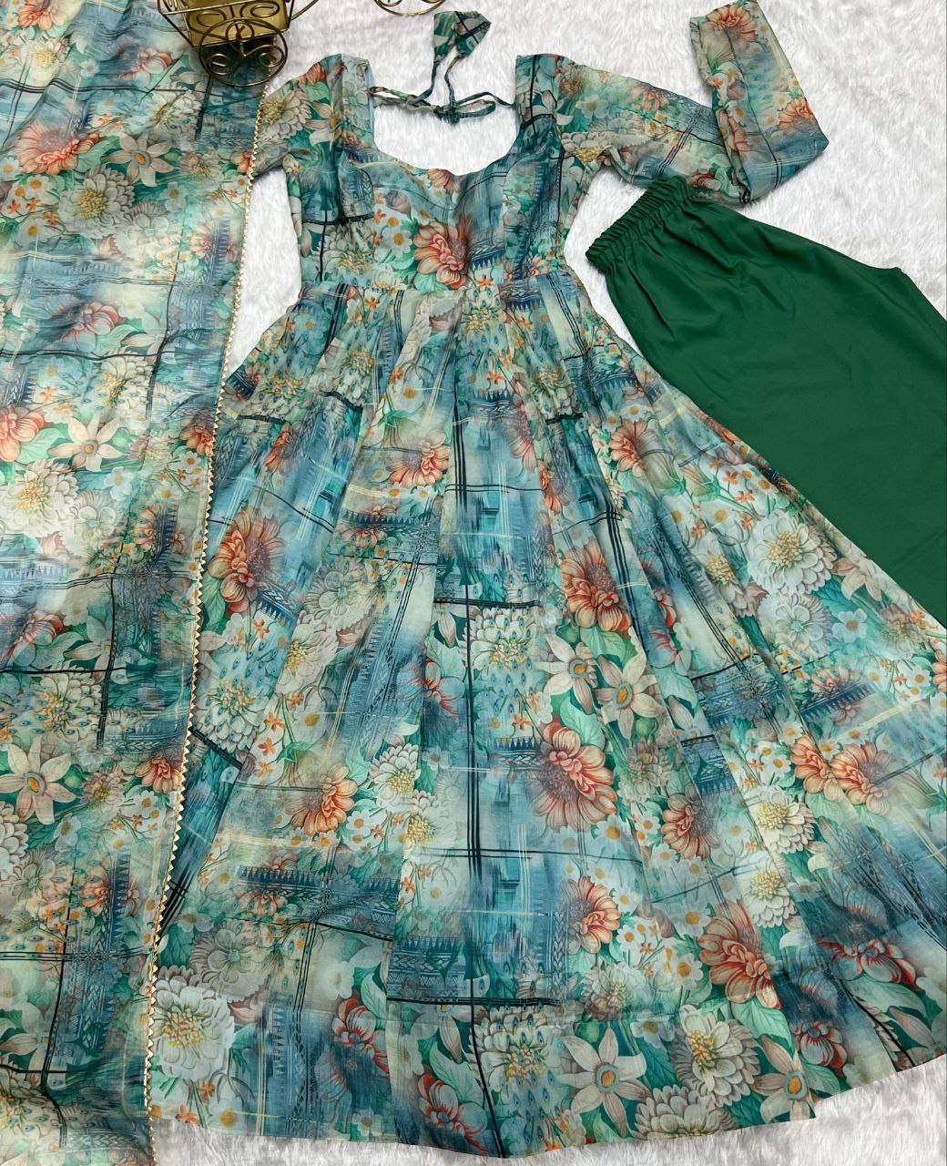 Vishnupriya green soft organza silk printed suit set