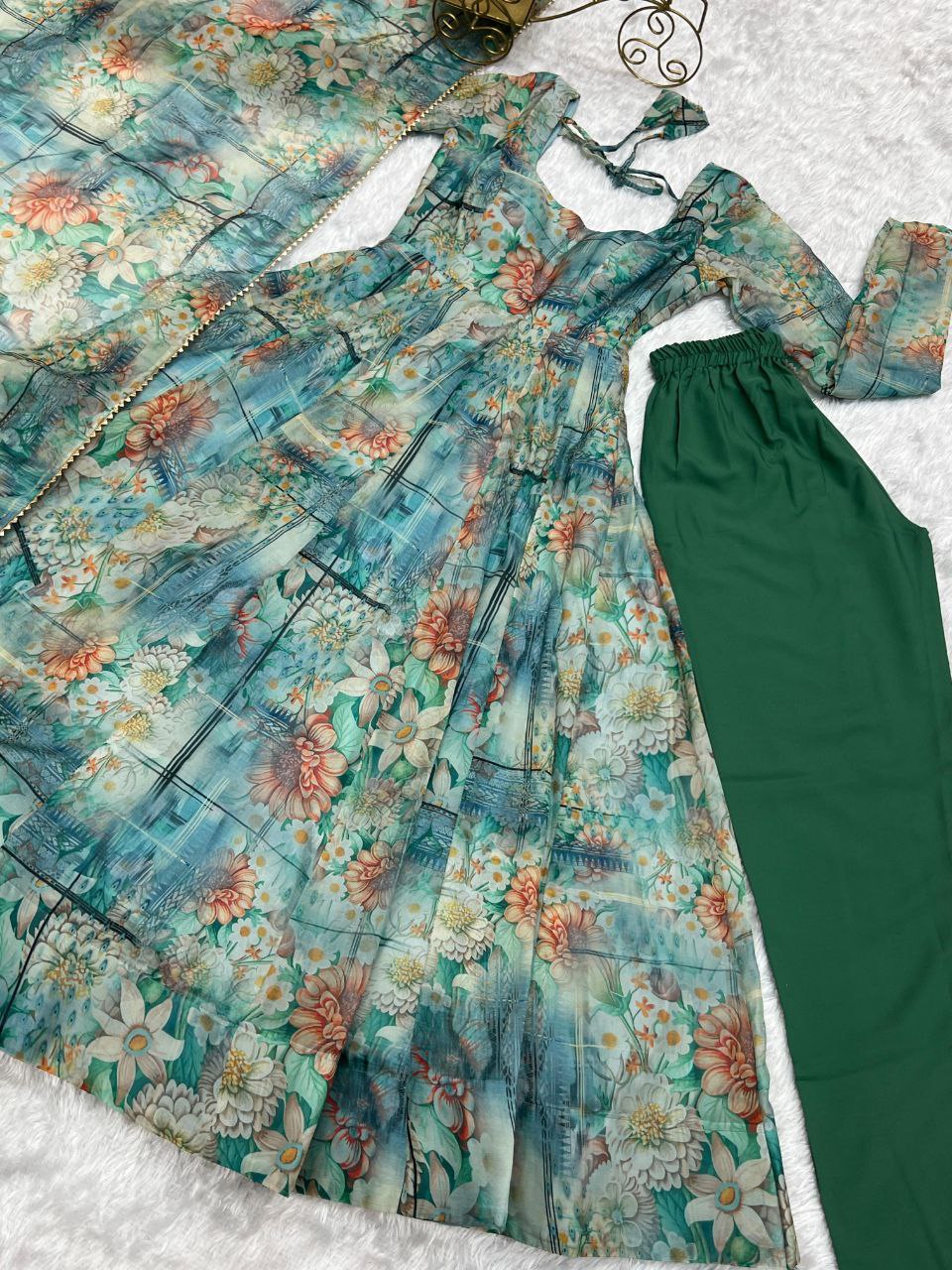 Vishnupriya green soft organza silk printed suit set