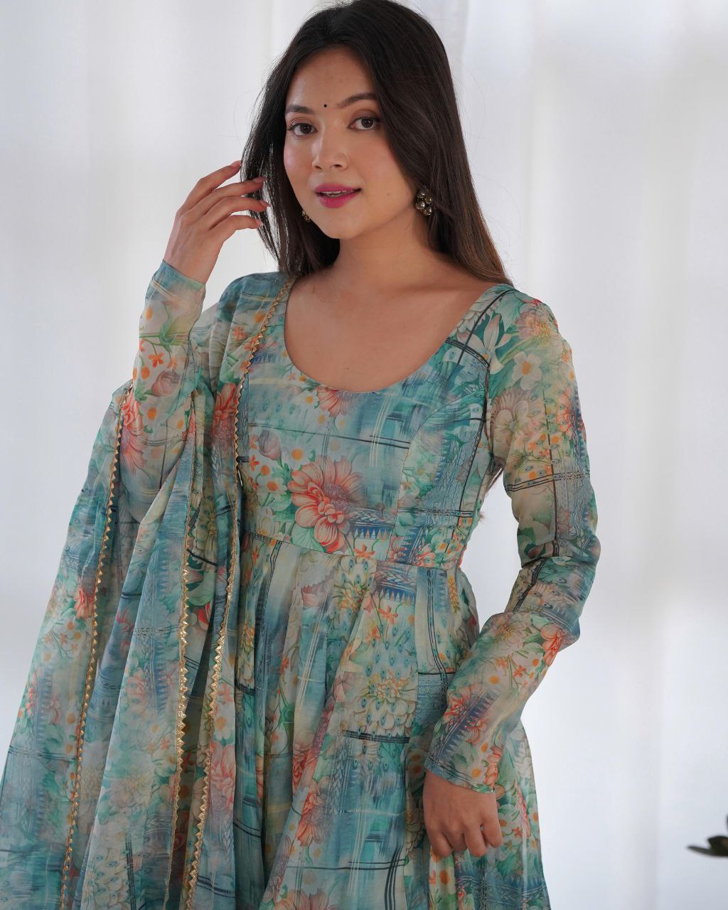 Vishnupriya green soft organza silk printed suit set