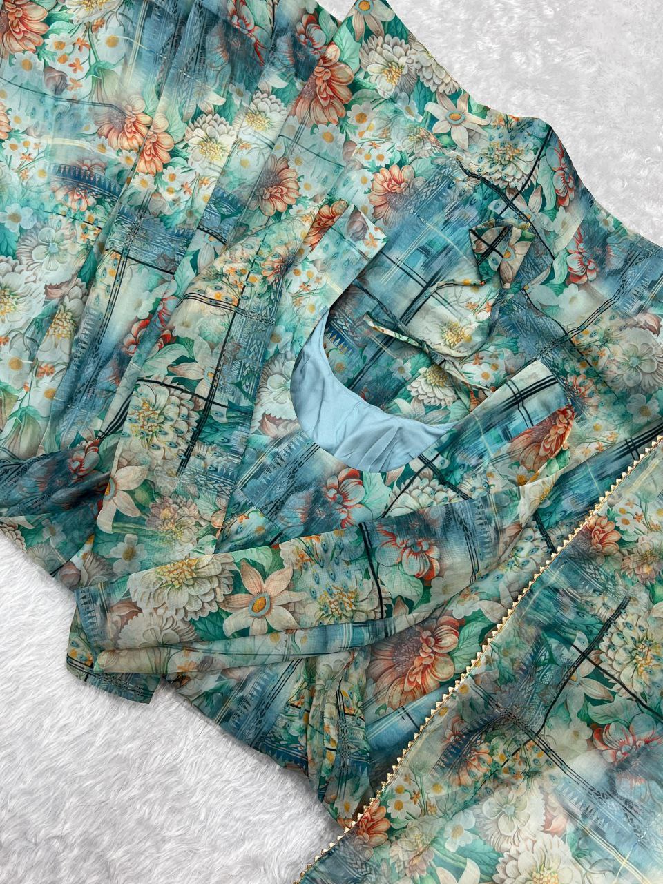 Vishnupriya green soft organza silk printed suit set