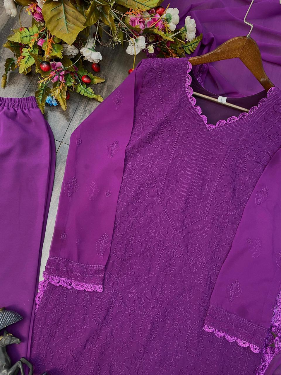 Ramani Peach Georgette Chikankari Embroidery Kurti Set