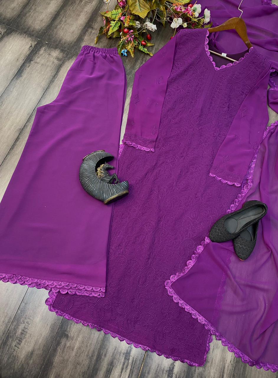 Ramani Peach Georgette Chikankari Embroidery Kurti Set