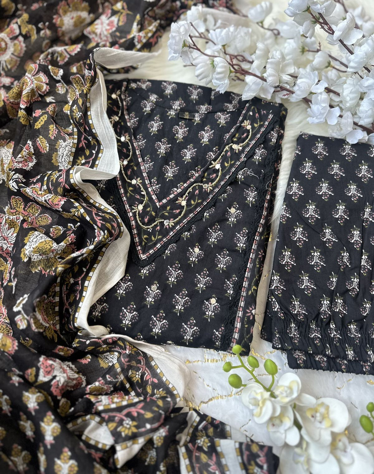 Ishani black cotton printed Anarkali suit set
