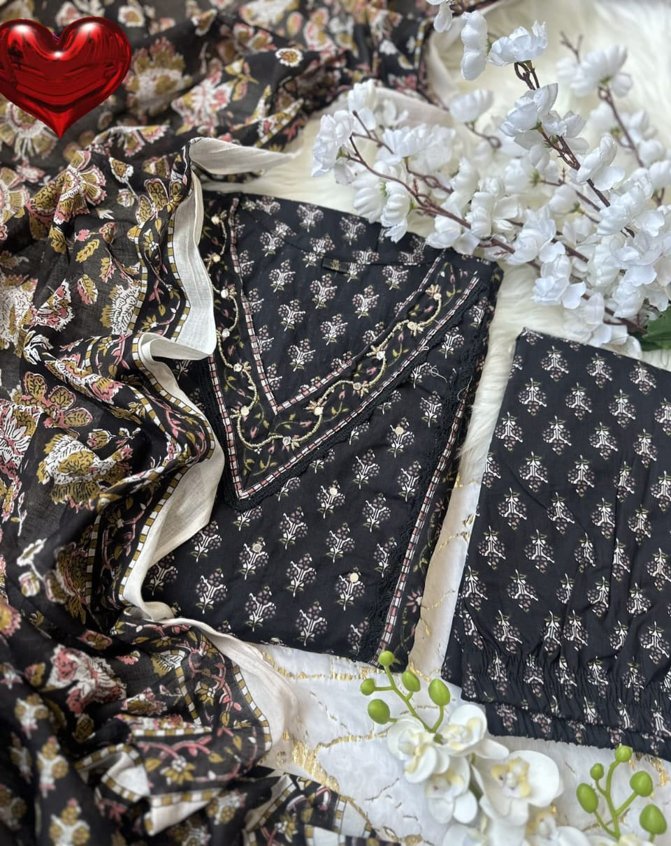 Ishani black cotton printed Anarkali suit set