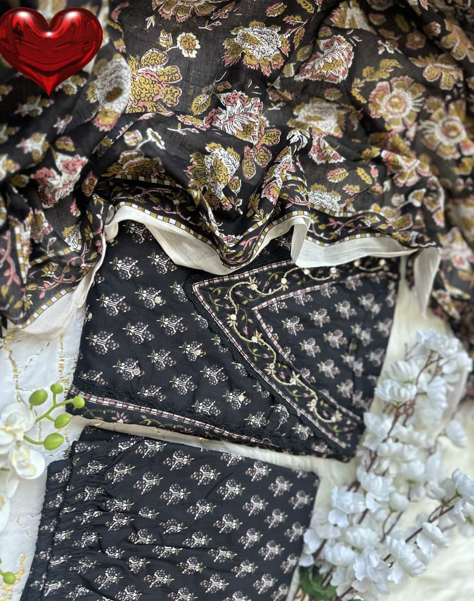 Ishani black cotton printed Anarkali suit set