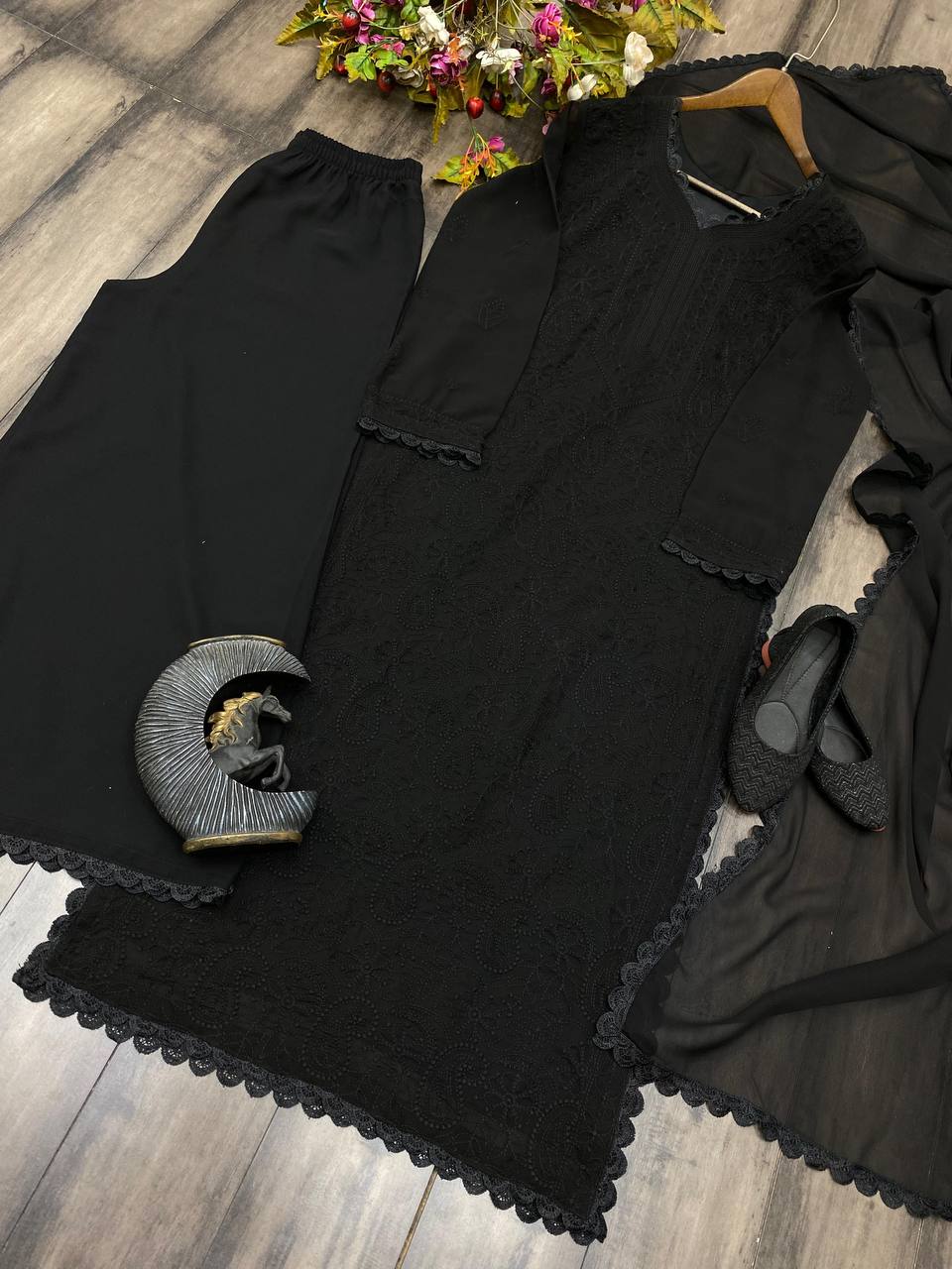 Ramani Peach Georgette Chikankari Embroidery Kurti Set