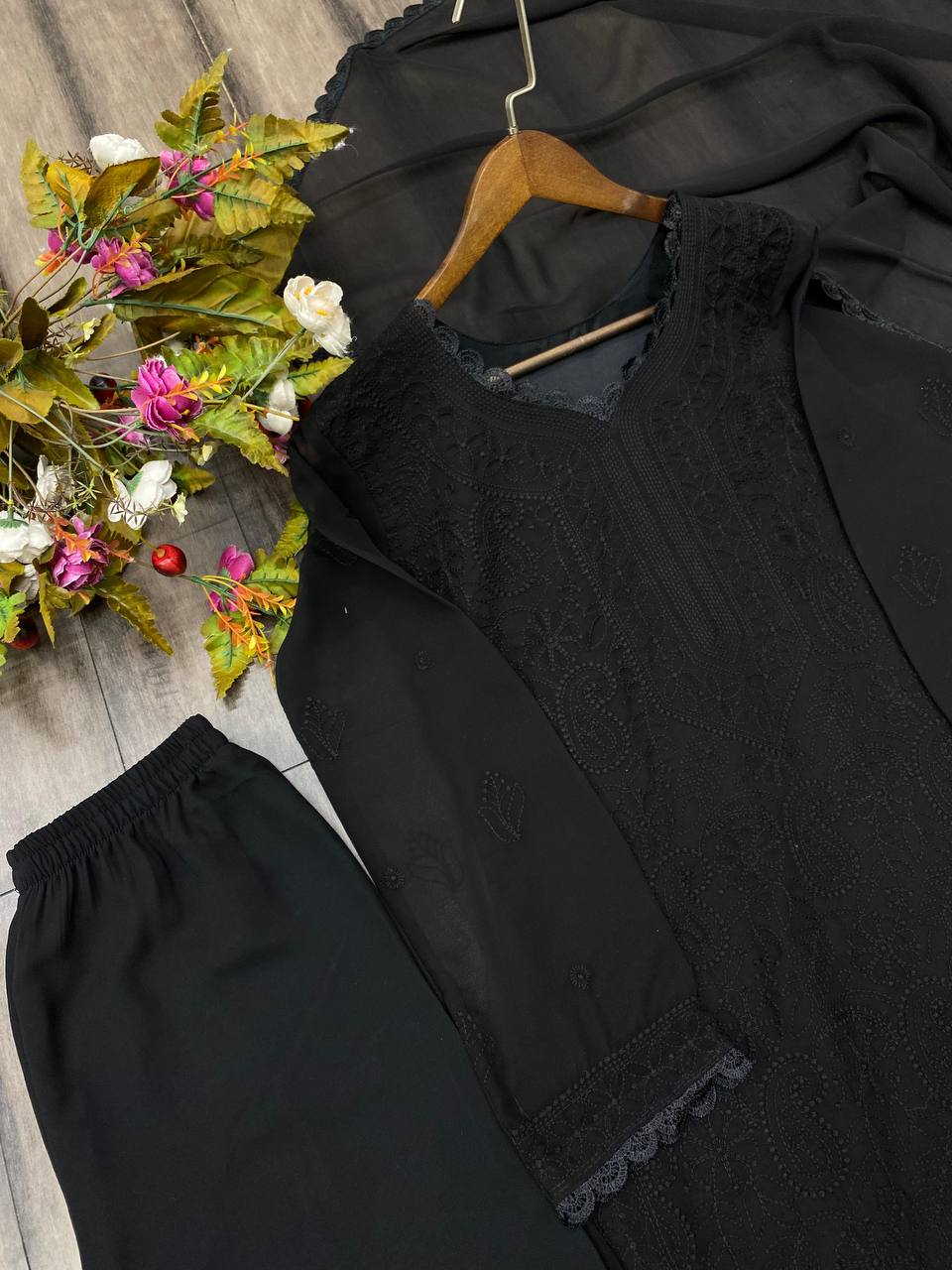 Ramani Peach Georgette Chikankari Embroidery Kurti Set