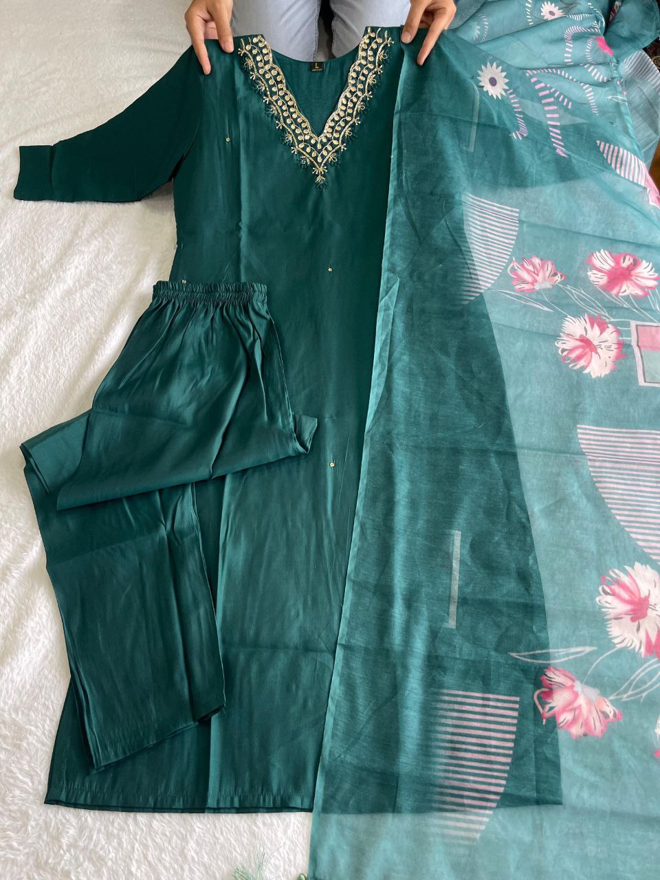 Arshi Rama Roman Silk Embroidered Kurti Set with Dupatta