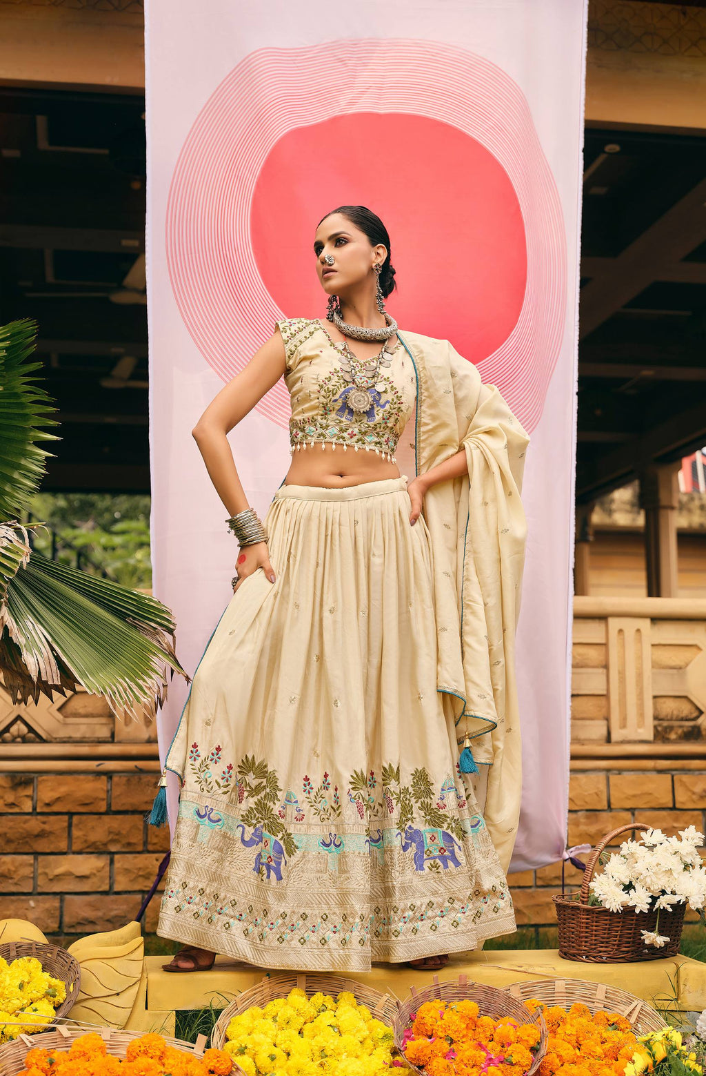 Off-White Color Shimmer Embroidered Lehenga Choli Set with Dupatta