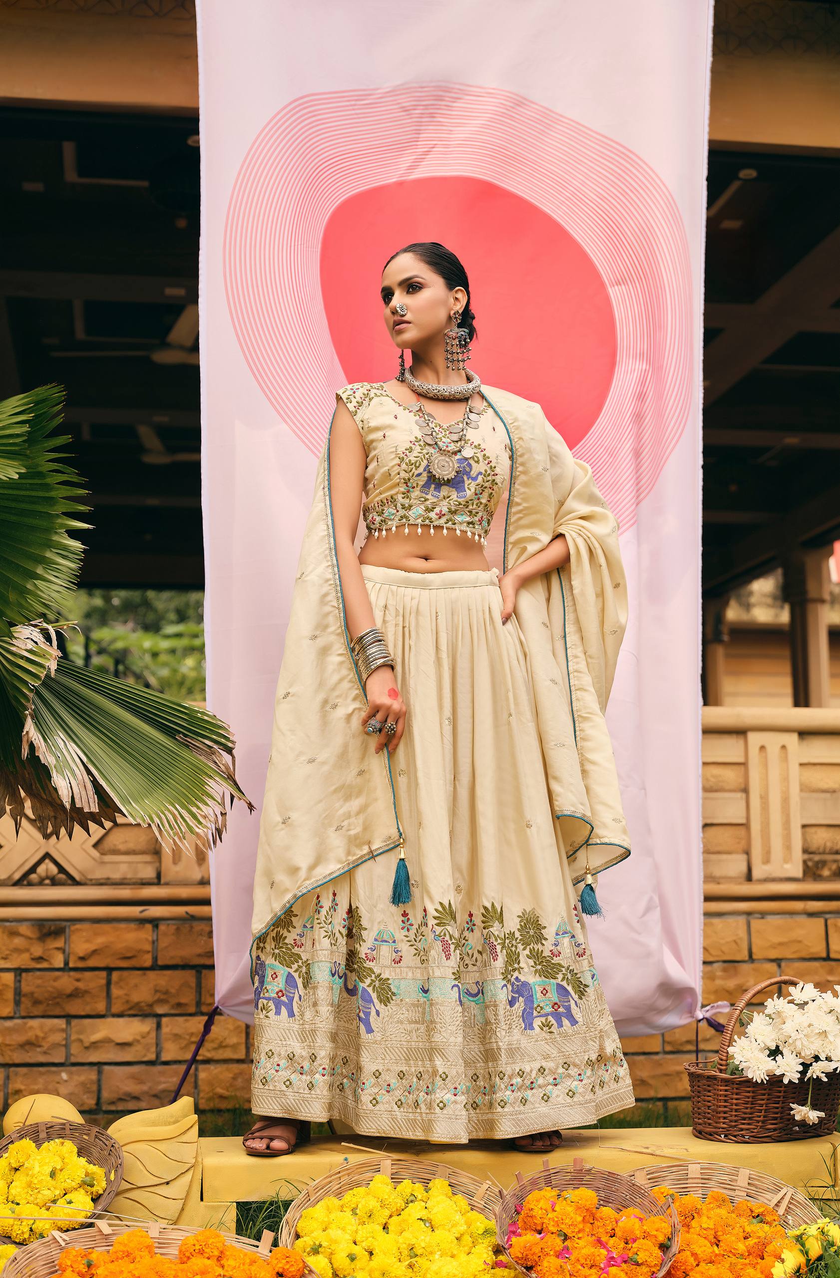 Off-White Color Shimmer Embroidered Lehenga Choli Set with Dupatta