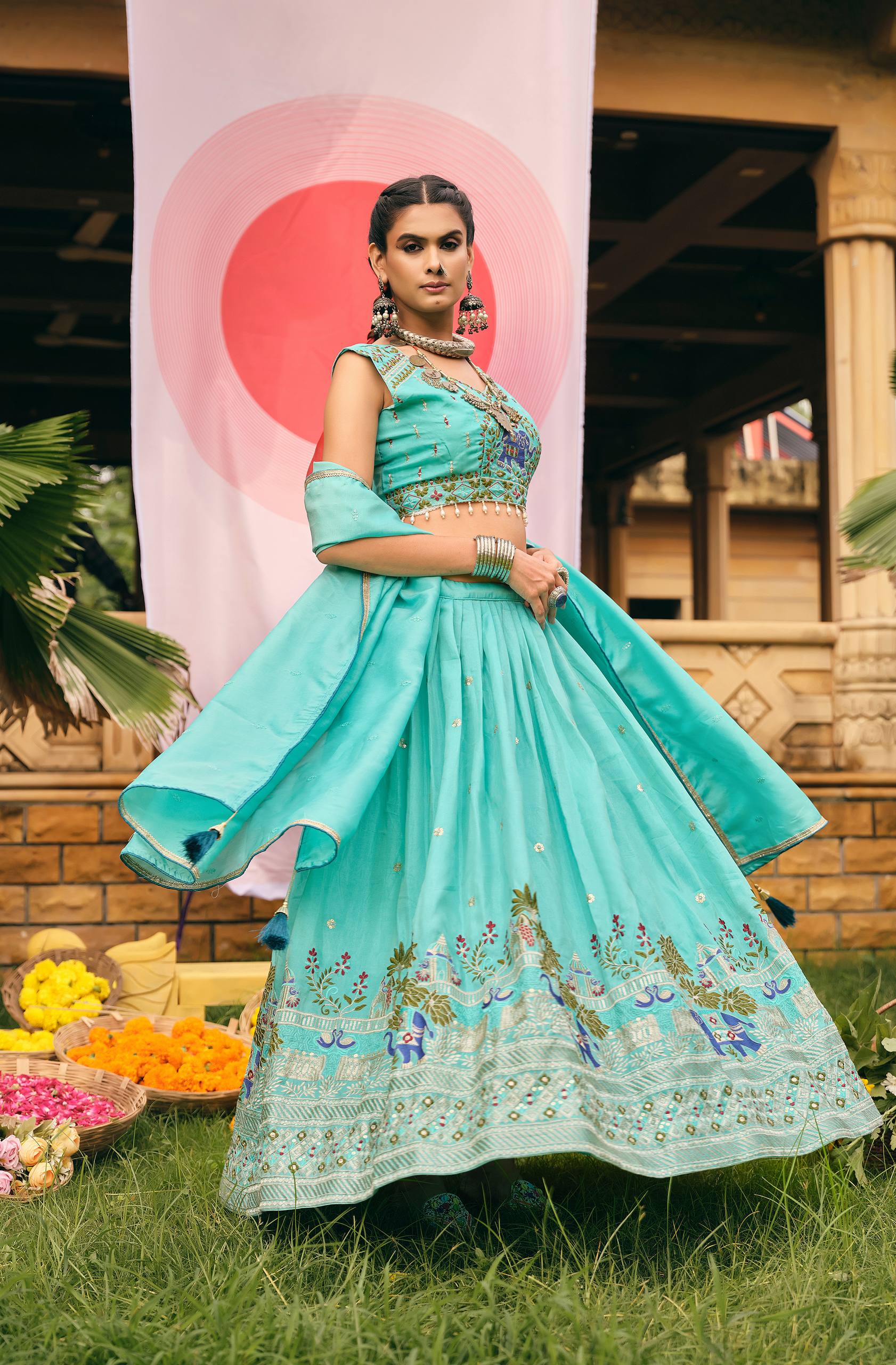 Sea Green Color Shimmer Embroidered Lehenga Choli Set with Dupatta