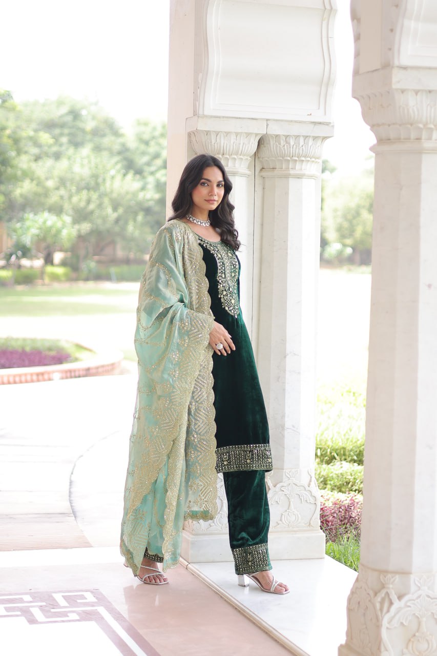 Sheet Green Color Velvet Sequins Zari Embroidered Kurta Set with Dupatta