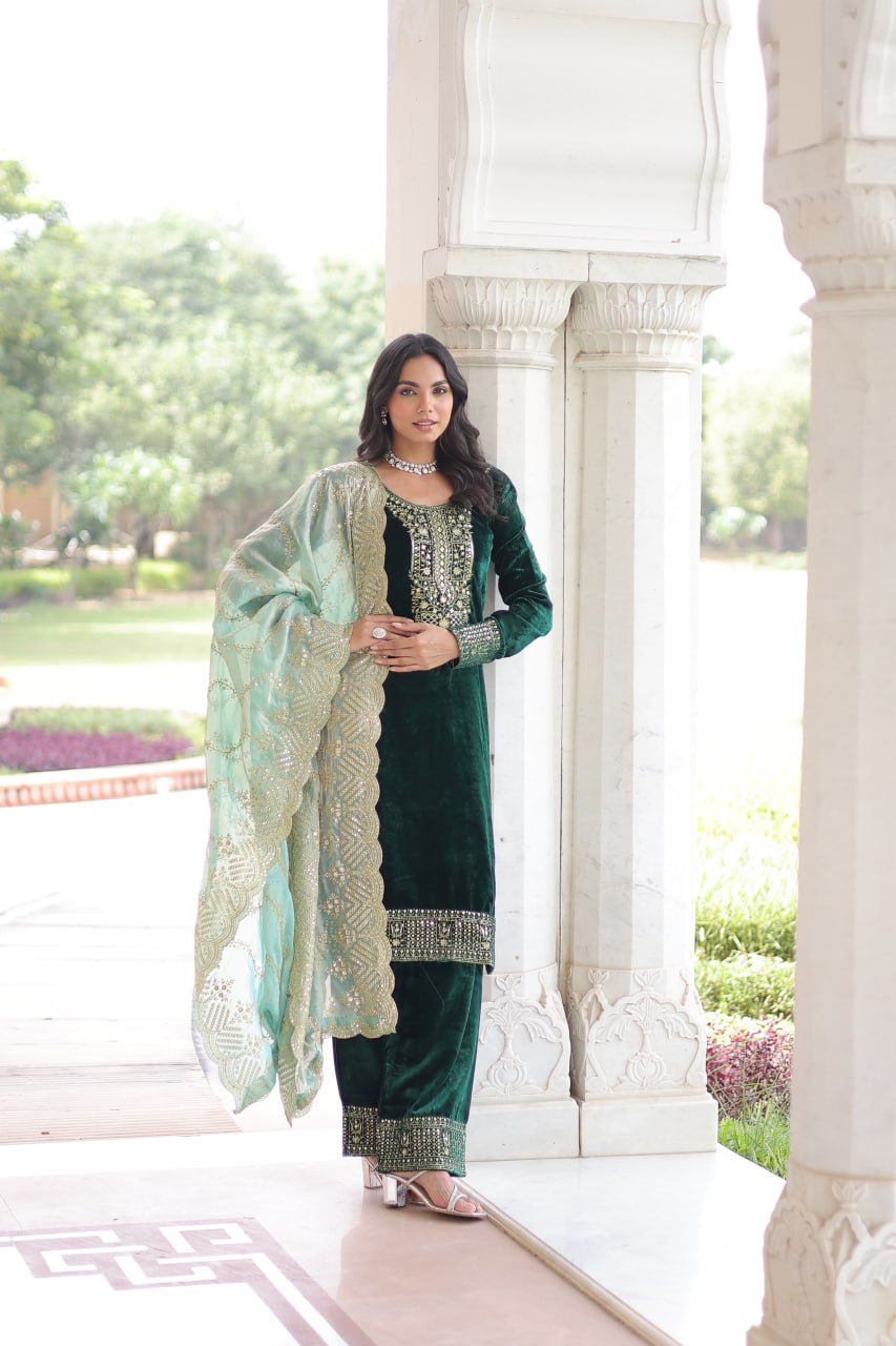 Sheet Green Color Velvet Sequins Zari Embroidered Kurta Set with Dupatta