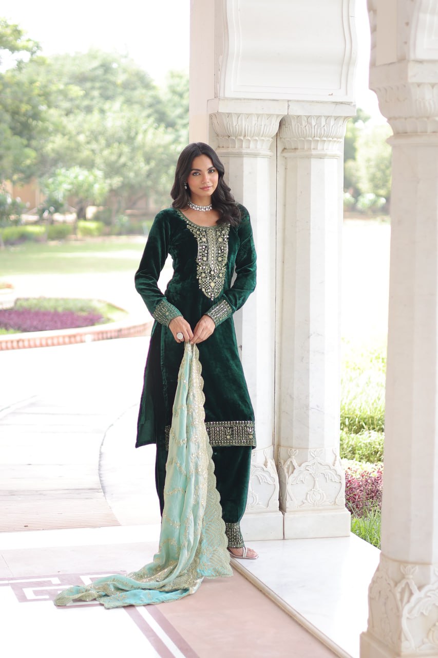 Sheet Green Color Velvet Sequins Zari Embroidered Kurta Set with Dupatta