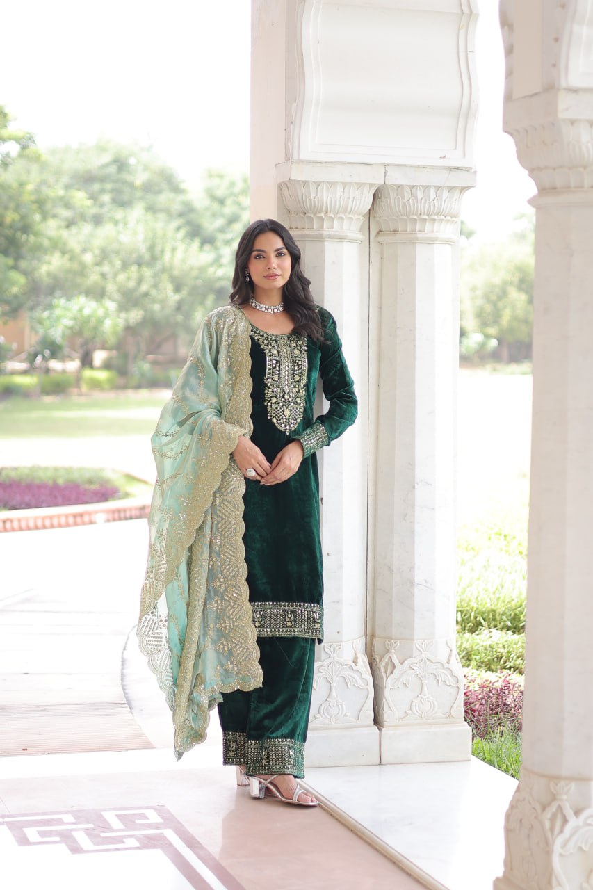 Sheet Green Color Velvet Sequins Zari Embroidered Kurta Set with Dupatta