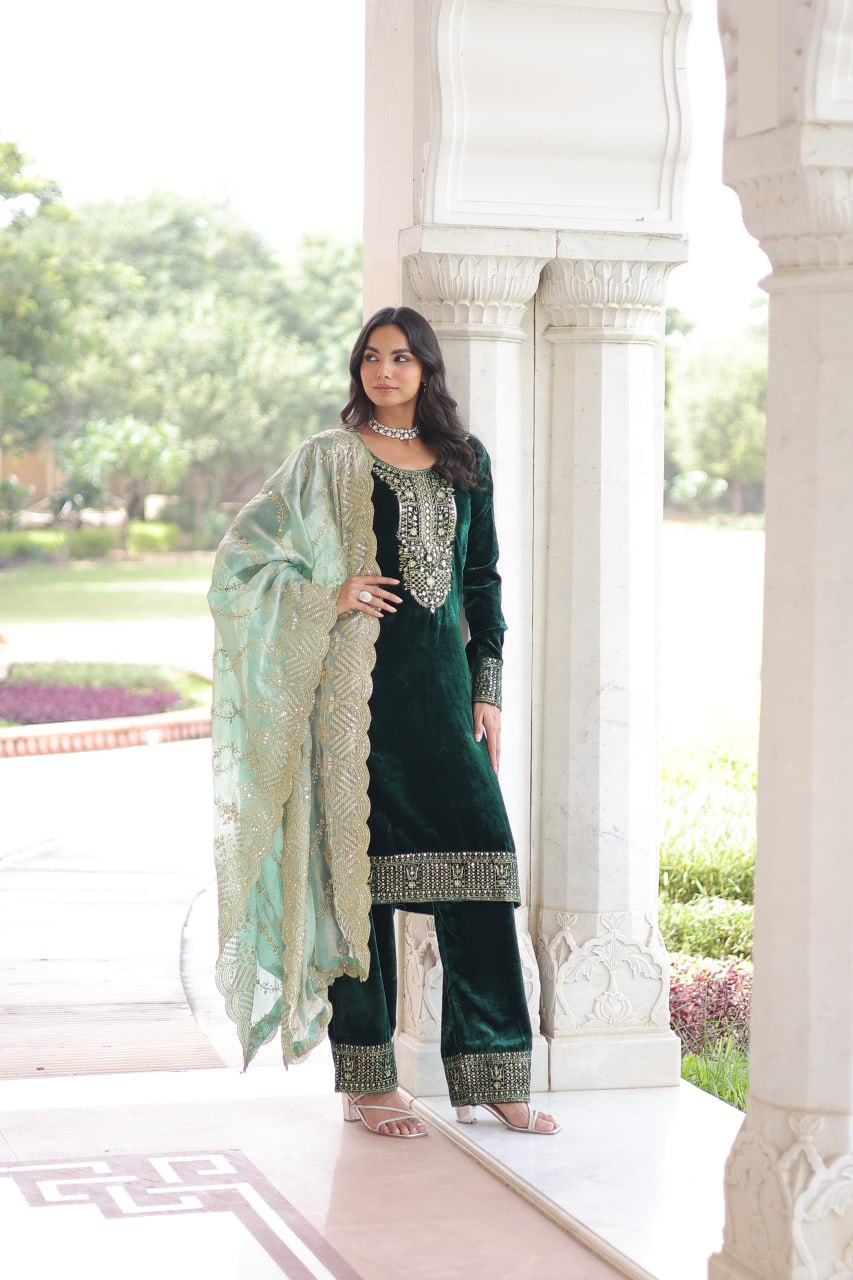 Sheet Green Color Velvet Sequins Zari Embroidered Kurta Set with Dupatta
