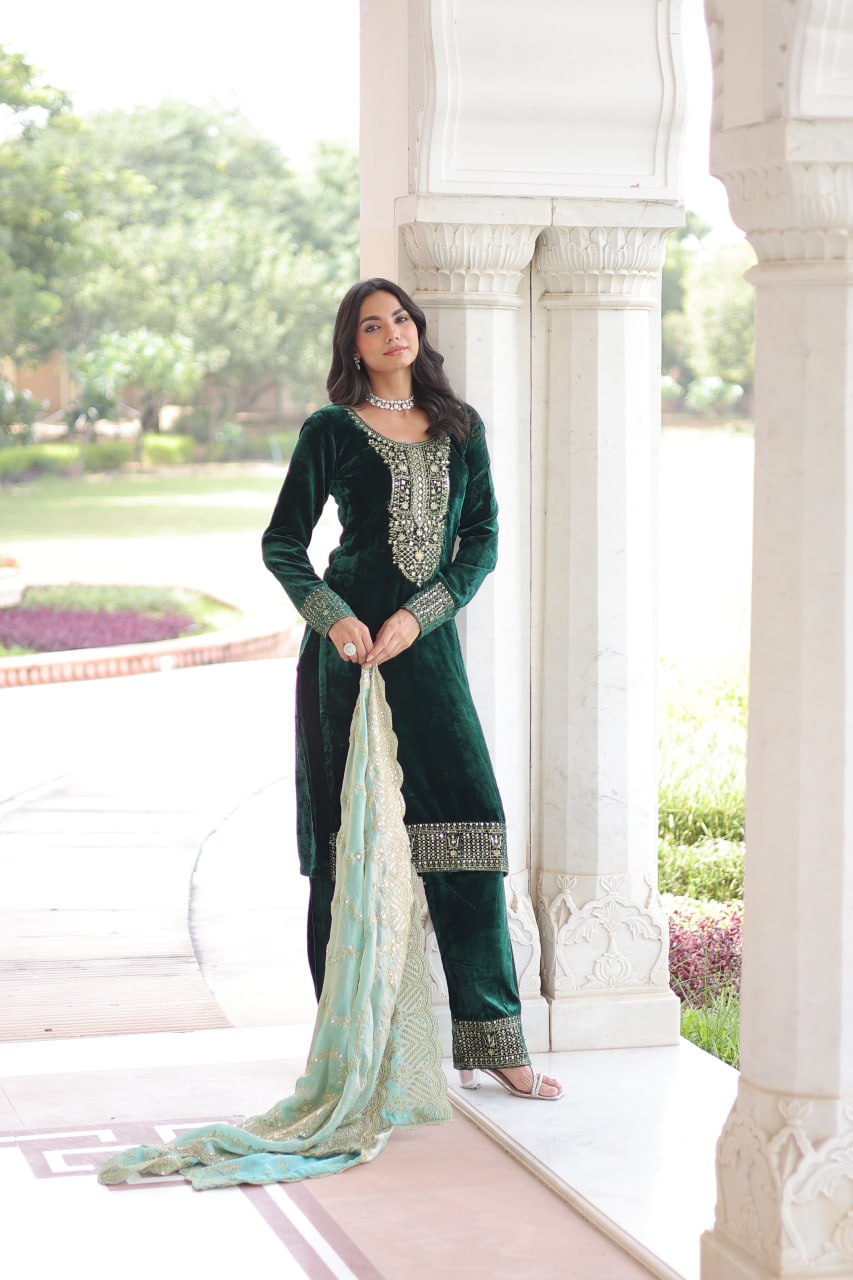 Sheet Green Color Velvet Sequins Zari Embroidered Kurta Set with Dupatta