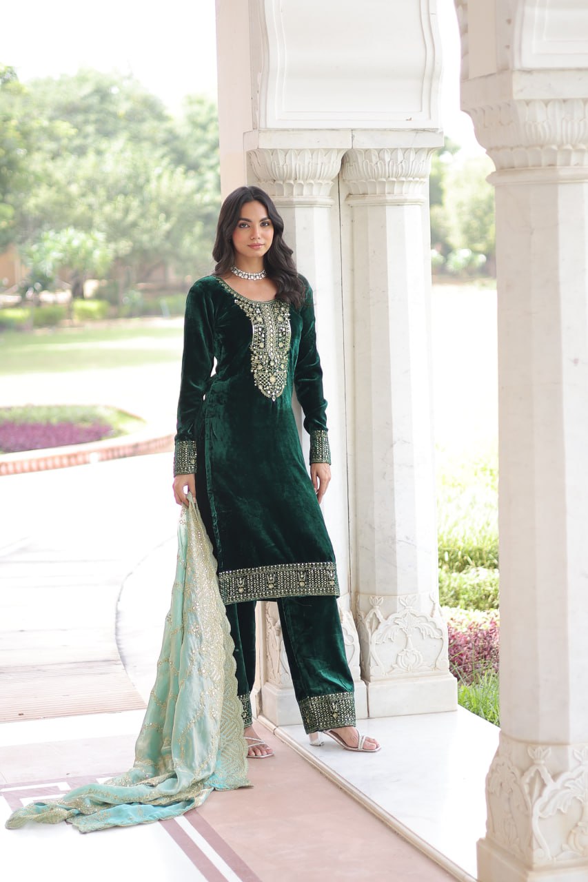 Sheet Green Color Velvet Sequins Zari Embroidered Kurta Set with Dupatta