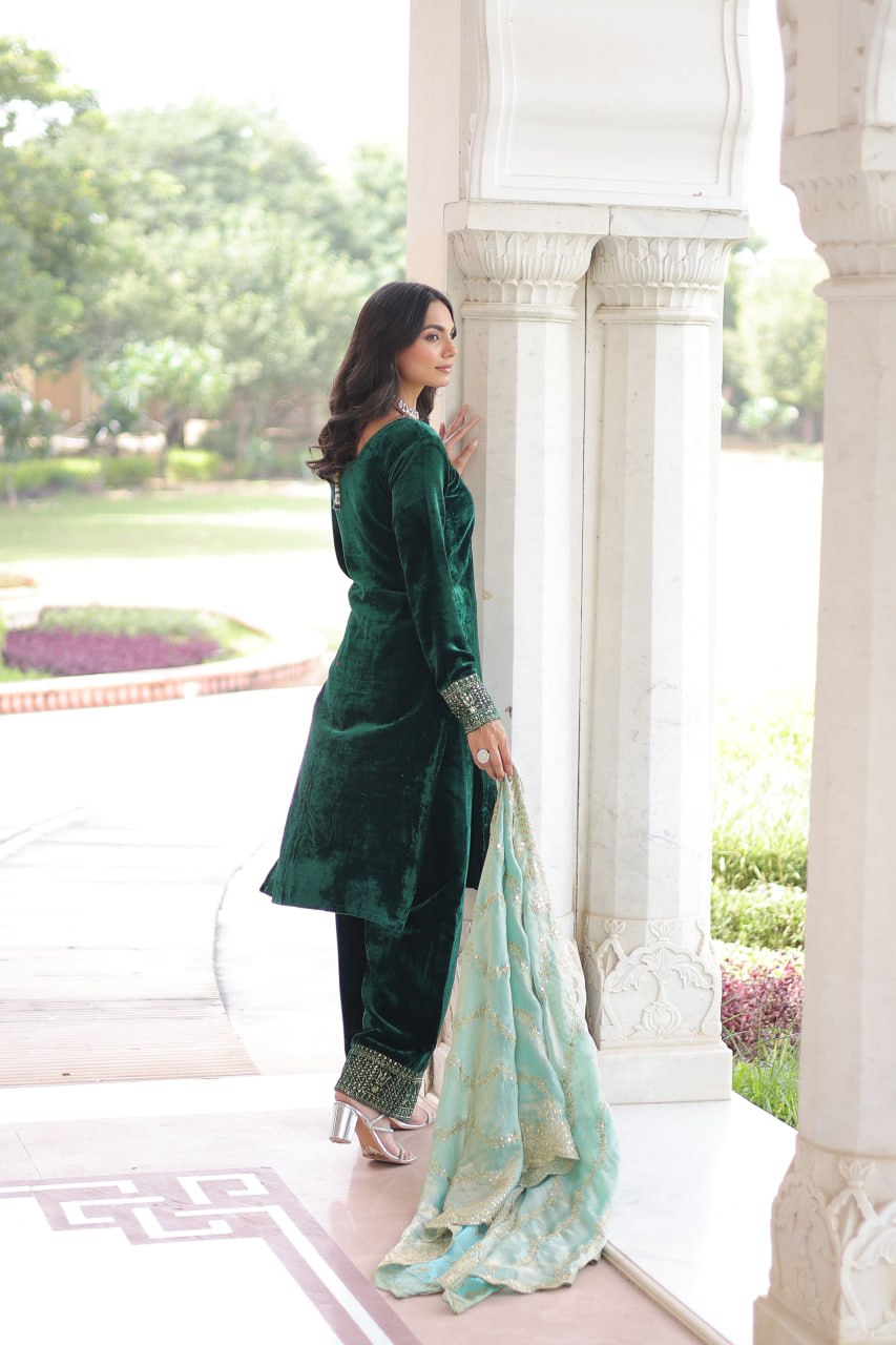 Sheet Green Color Velvet Sequins Zari Embroidered Kurta Set with Dupatta
