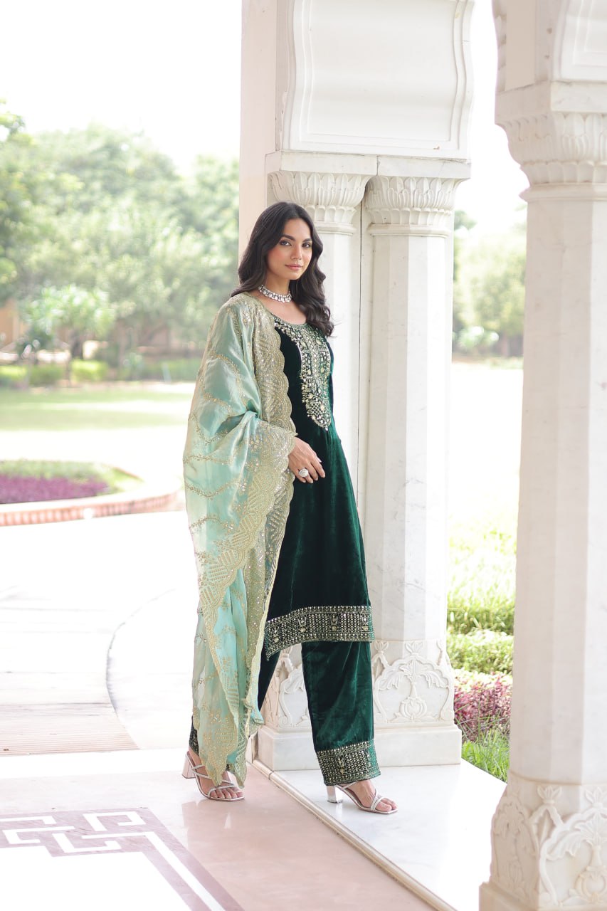 Sheet Green Color Velvet Sequins Zari Embroidered Kurta Set with Dupatta